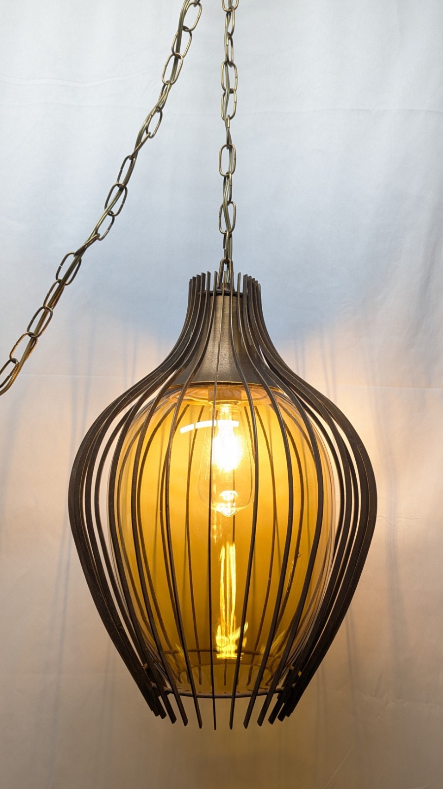 Vintage 1960\'s Amber Glass Swag Hanging Chain Swag Lamp Mid Century Metal Slits