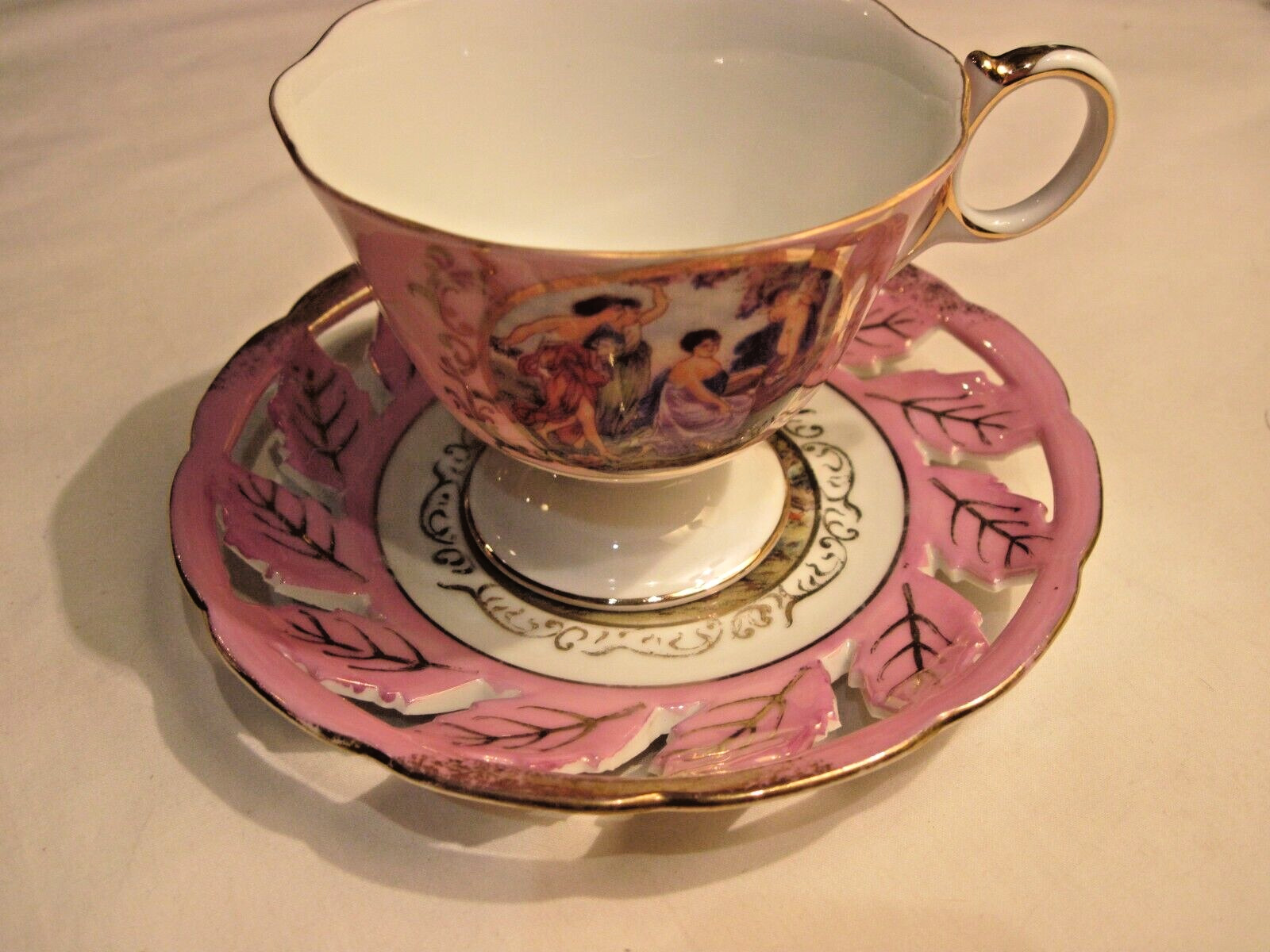 Vtg Royal Halsey Footed Tea Cup Reticulated Saucer LM Very Fine China Gold Trim