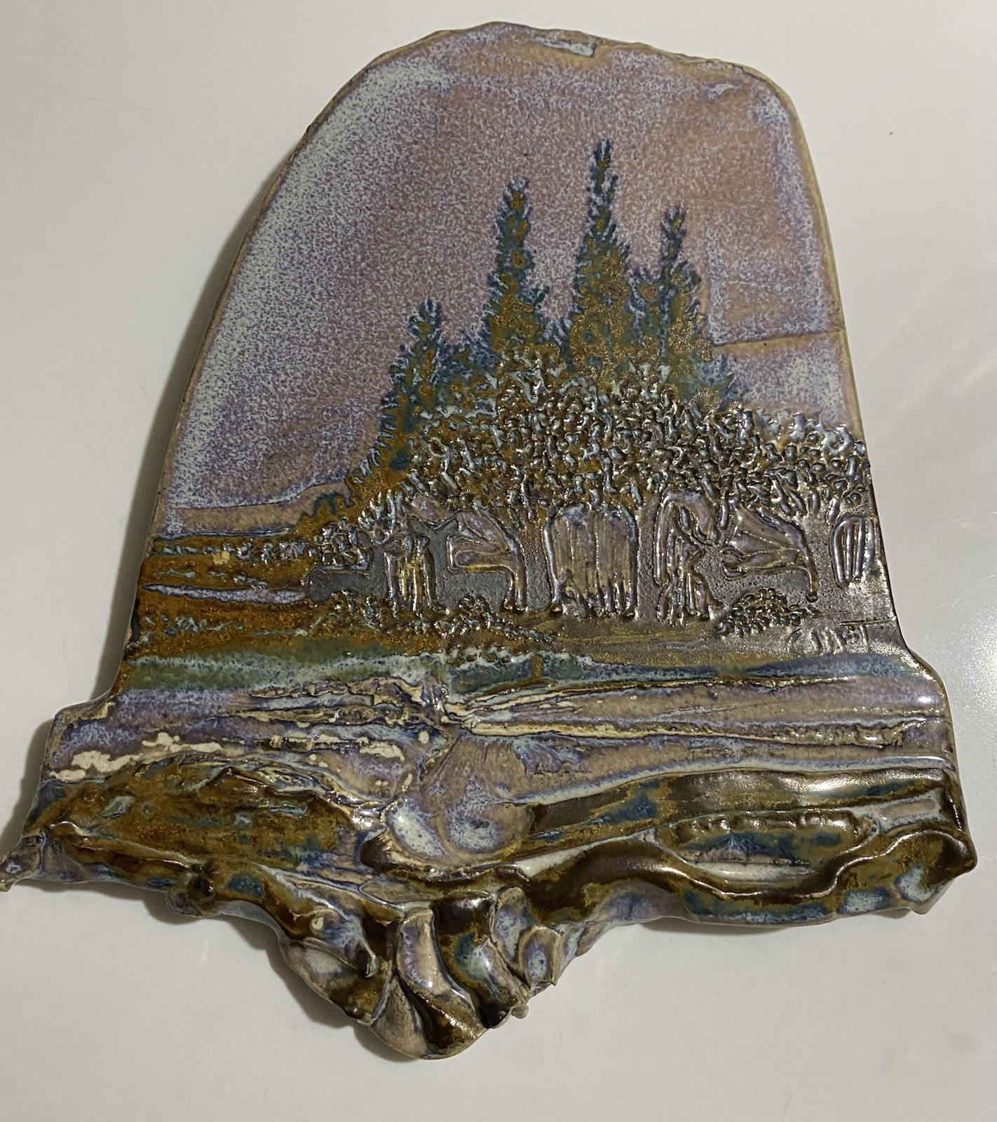 Beautiful Handcrafted 3D Clay Wall Hanging Blues Browns Greens Trees