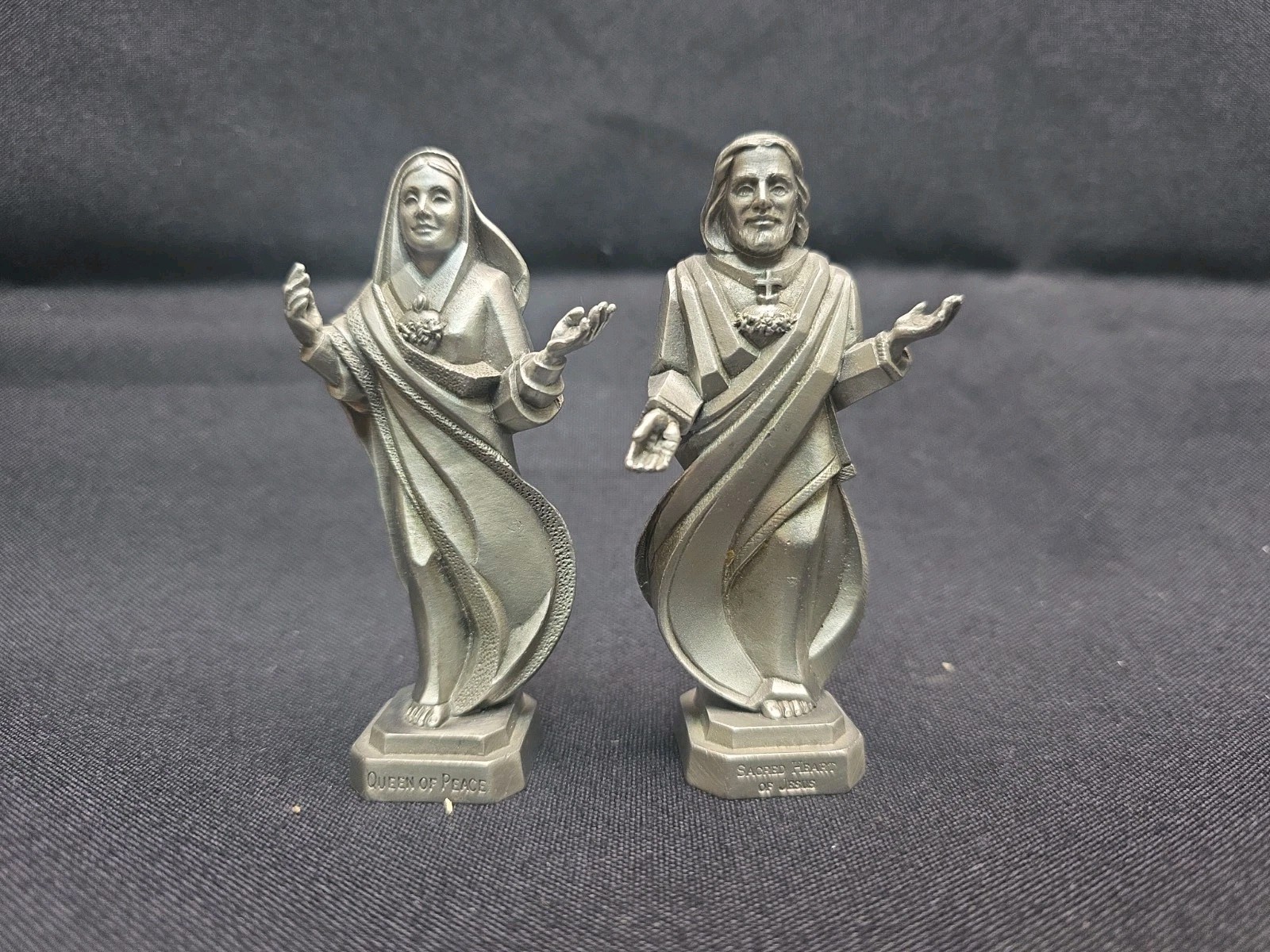 Vintage JCC Secred Headt Of Jesus & Queen Of Peace Pewter Figures 