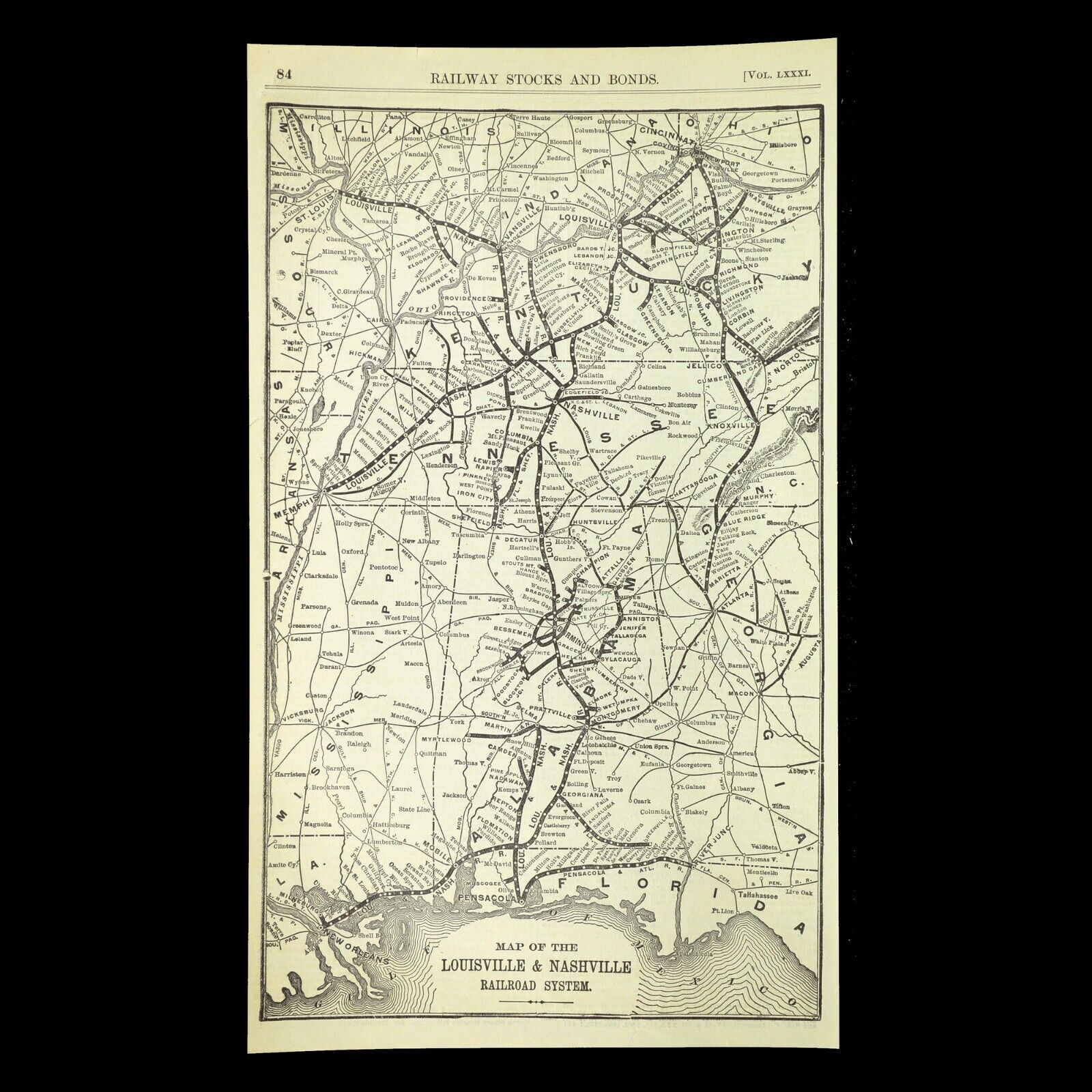LOUISVILLE NASHVILLE Railroad Map Vintage Pensacola Florida Alabama ca 1905
