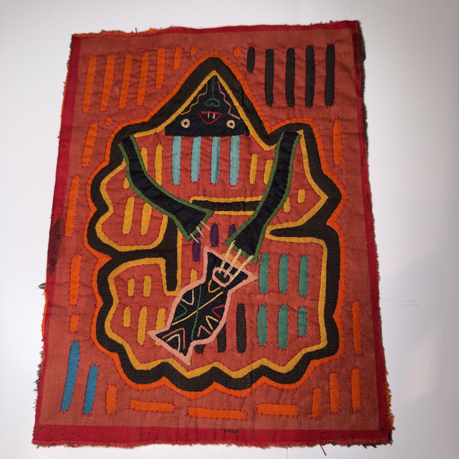 VTG Kuna Mola Hand Sewn Art Textile Fabric Folk Fabric Quilt Block 7x9”