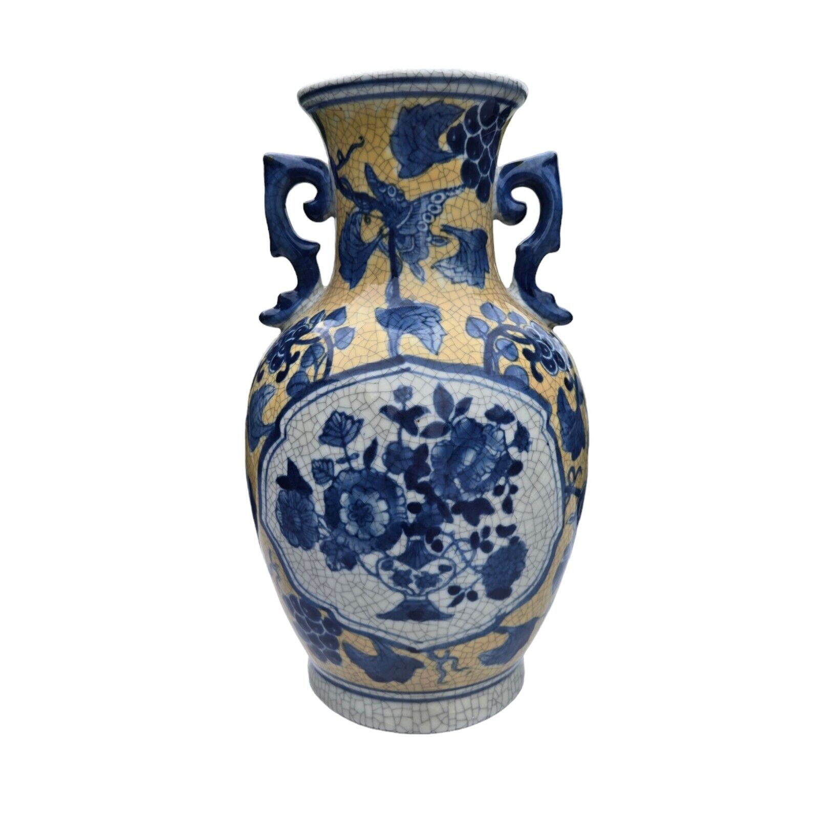 Rare Vintage Oriental Chinese Vase Ceramic #2 Double Handled Blue Yellow White
