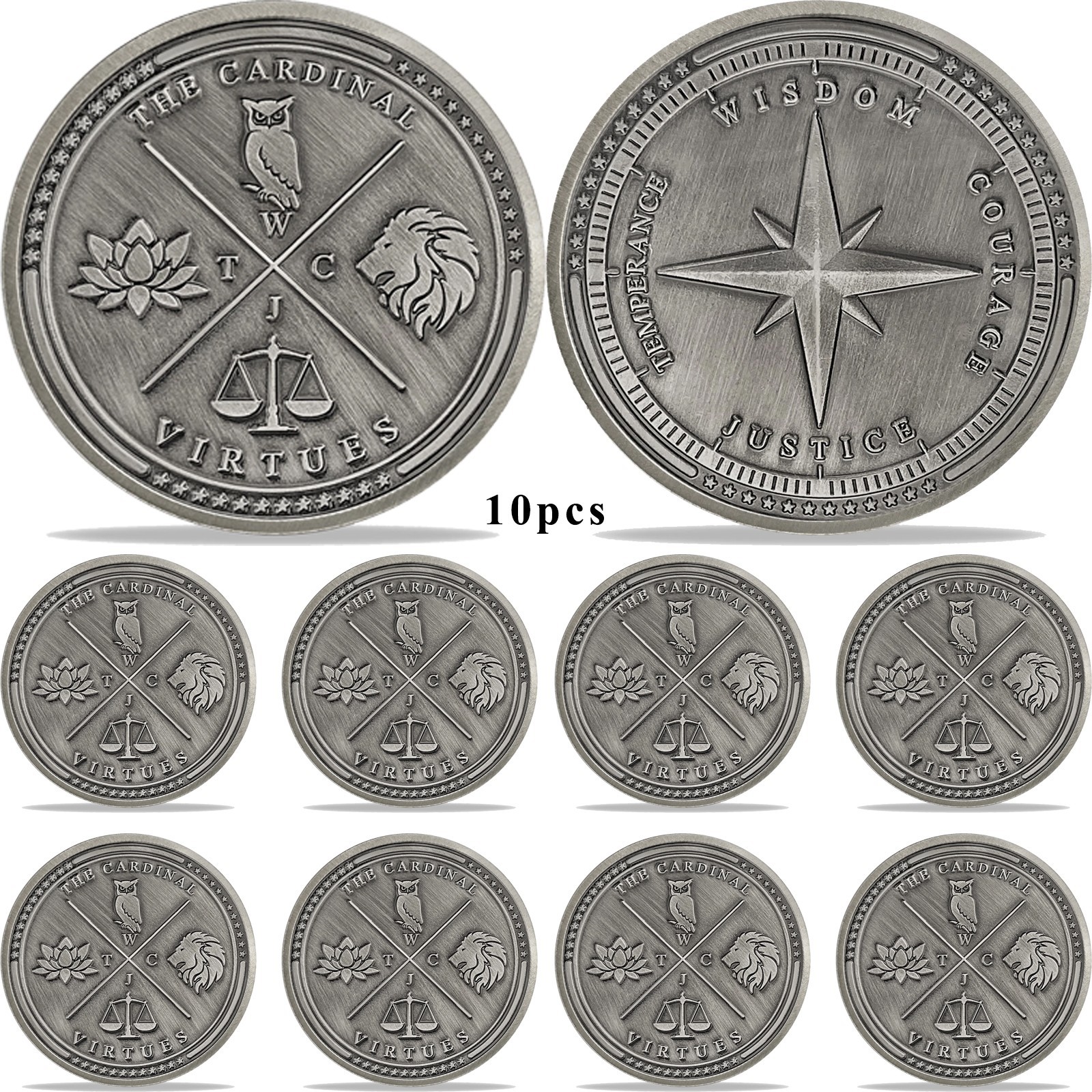 10Pc The Four Virtues Stoic Challenge Coins-Wisdom, Courage, Justice, Temperance