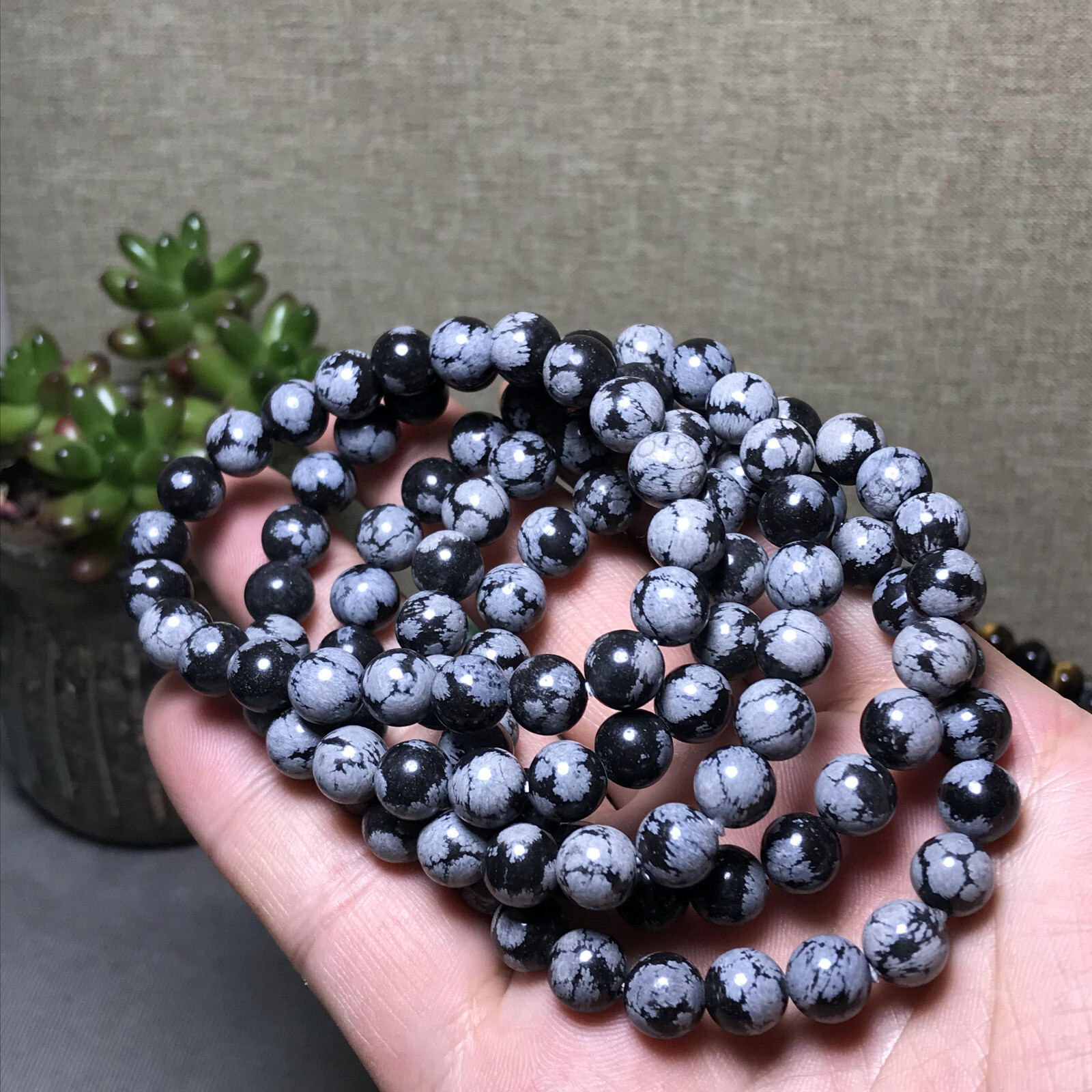 5Pcs Wholesal Natural Snowflake Obsidian bracelets Crystal ball sphere 8mm