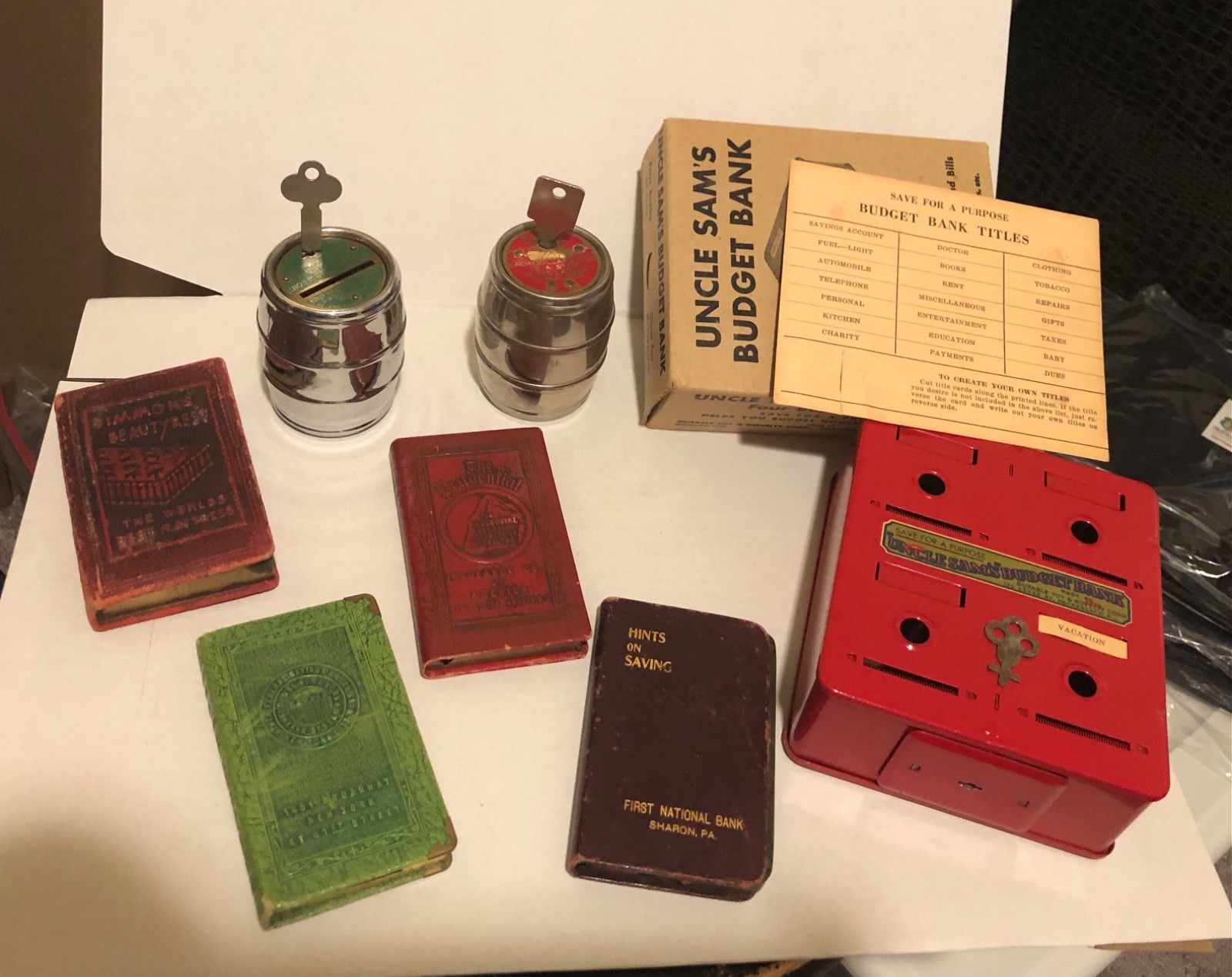 Book Bank Mixed Lot of 7 Savings Banks Barrel Piggy 1930s Propaganda