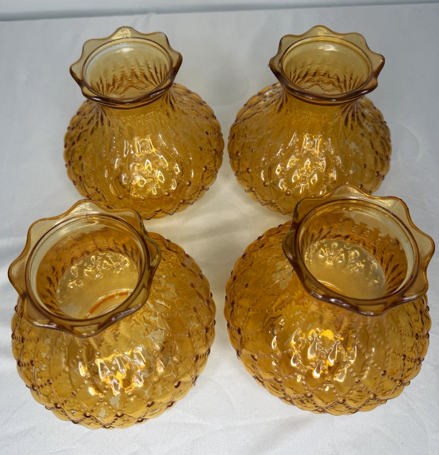 Vintage Amber Glass Bud Vases Set of 4 Textured Ruffled Rim MCM Fall Decor