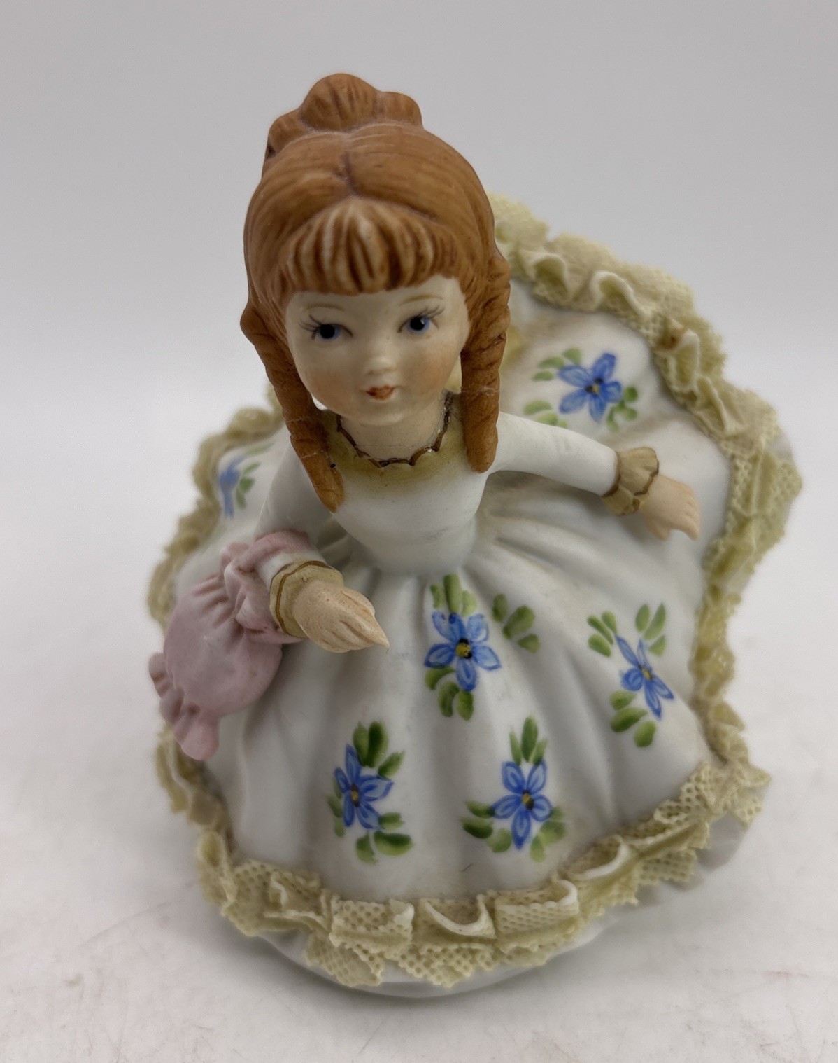 Vtg Lefton China Bisque Ceramic Bloomer Girl With Blue Flowers Handpainted #803