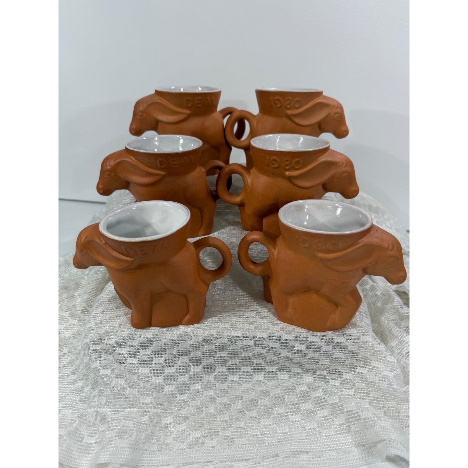 Frankoma Pottery 1980 Democratic Donkey Mugs Set of 6 Terracotta DEM D605-739