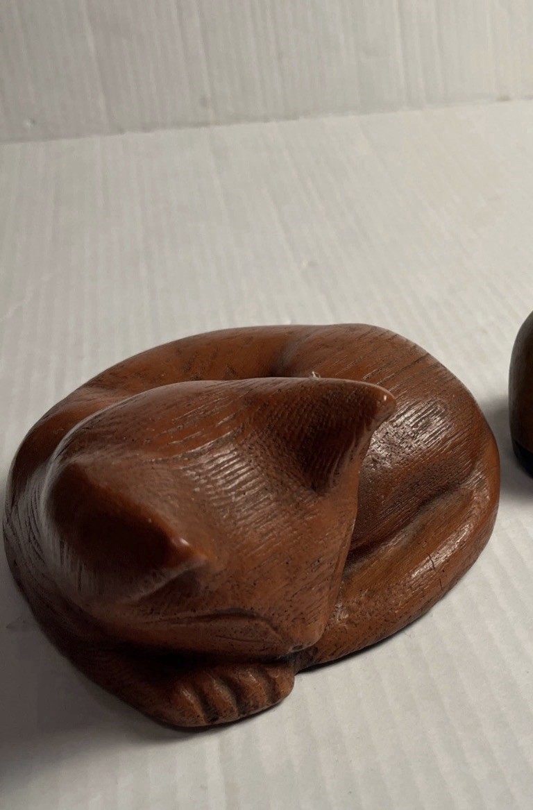 Vintage Wooden Carved Kitten / Cat Sleeping Curled Up Folk Art Kitty