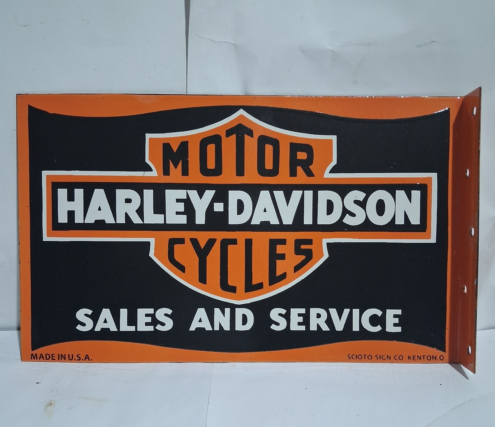 Harley Davidson Motorcycles Porcelain Enamel Sign 18 x 10 Inches 2 Sides