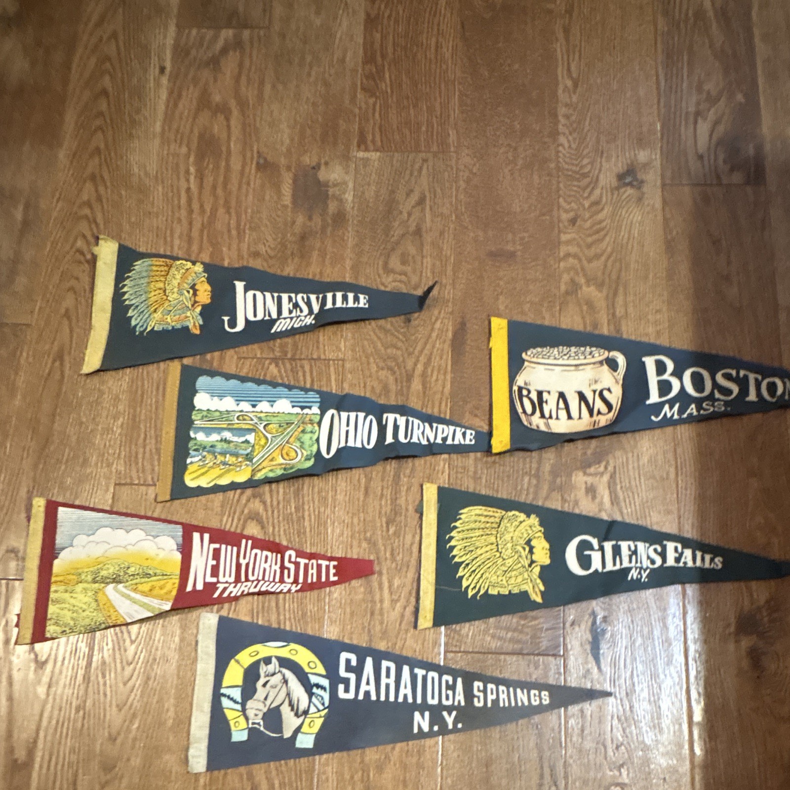 Lot of 6 Vintage Travel Pennants 1950s 1960s Boston Saratoga Ohio New York Felt