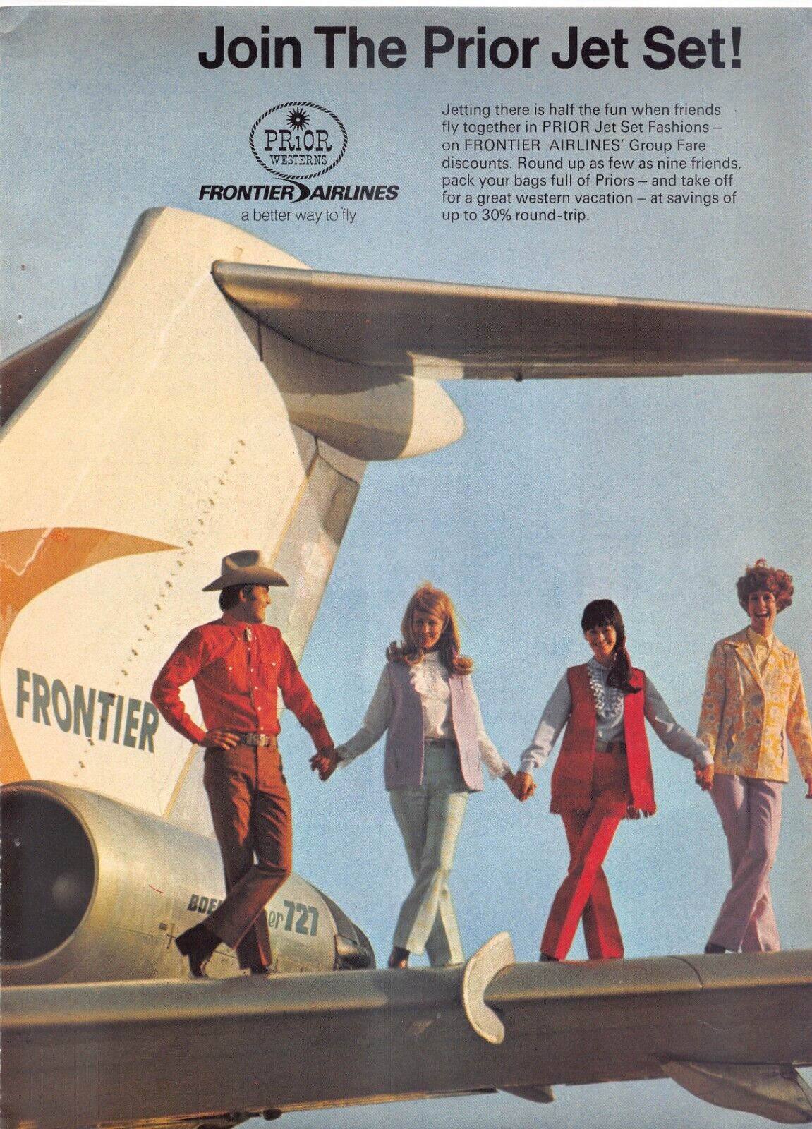 Frontier Airlines Prior Jet Set Fashions Group Fare Vintage Magazine Print Ad
