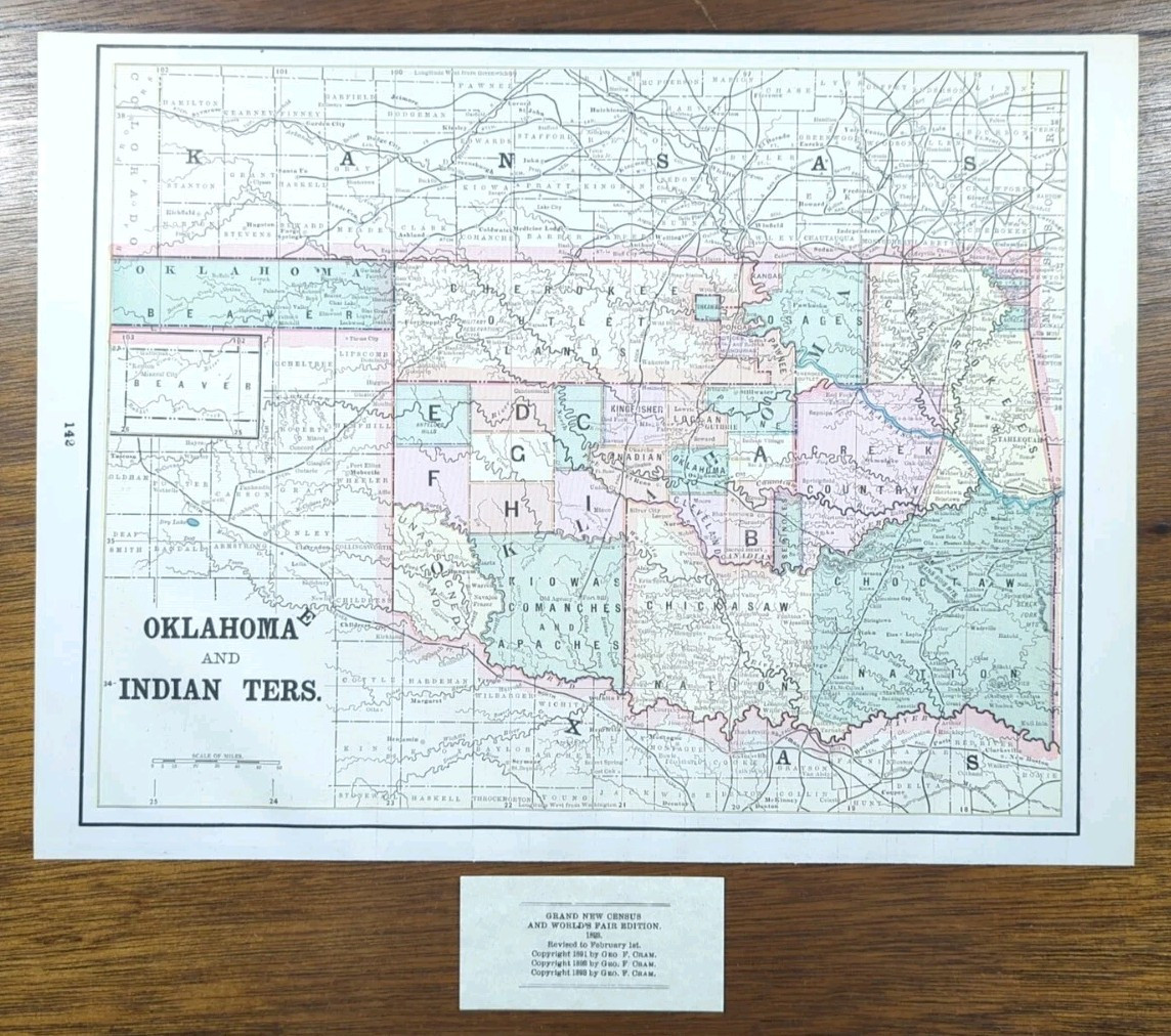 Vintage 1893 OKLAHOMA INDIAN TERRITORY Map 14