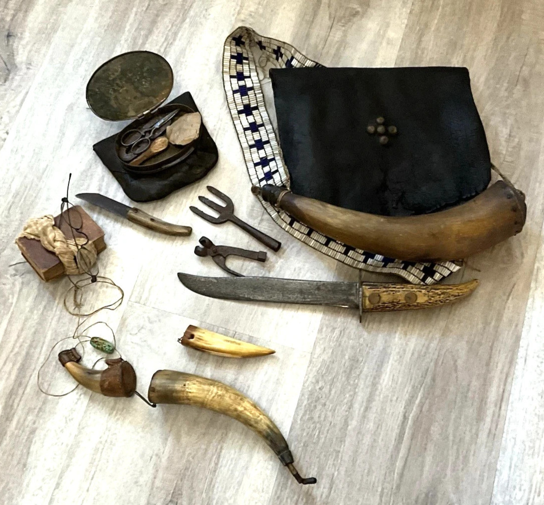 Antique Native American?Tacked Possible Bag, 2 Stag Knives-3 Powder Horns-Rare