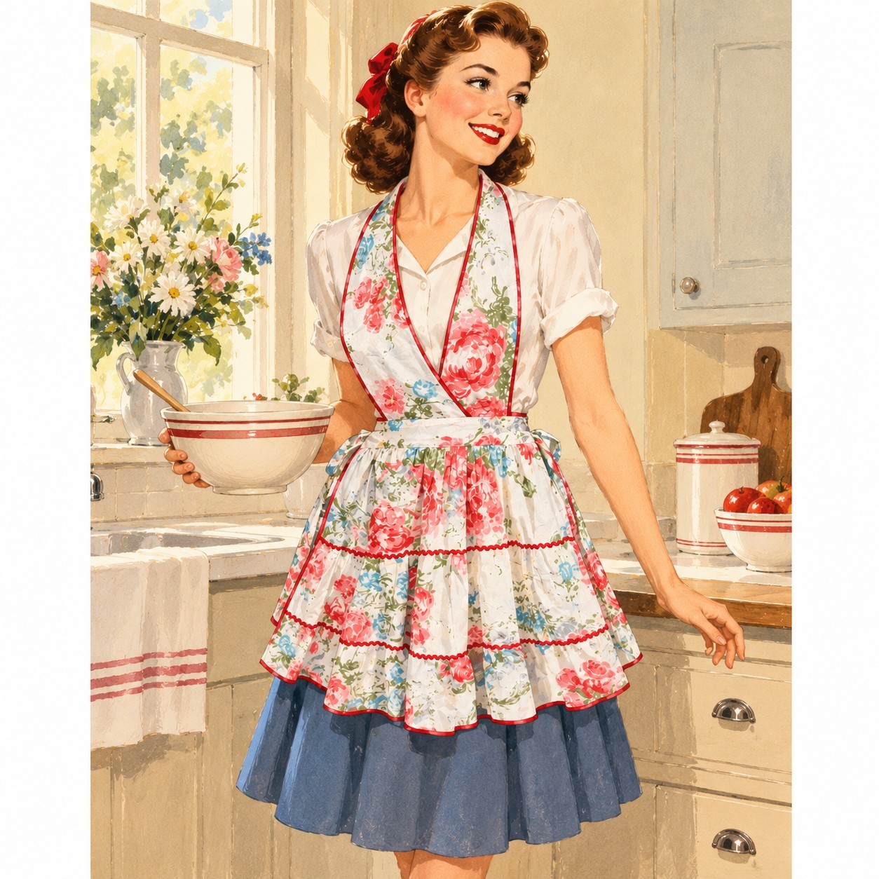 Vintage 1930s 40s Apron Cotton Full Bib Floral Roses Tiered Flounce Skirt