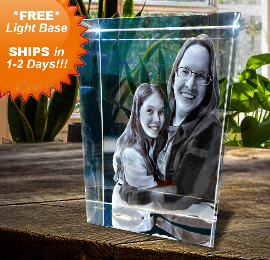 3D Crystal Tower w/Light Base, Custom Personalized Etched & Engraved Glass Photo