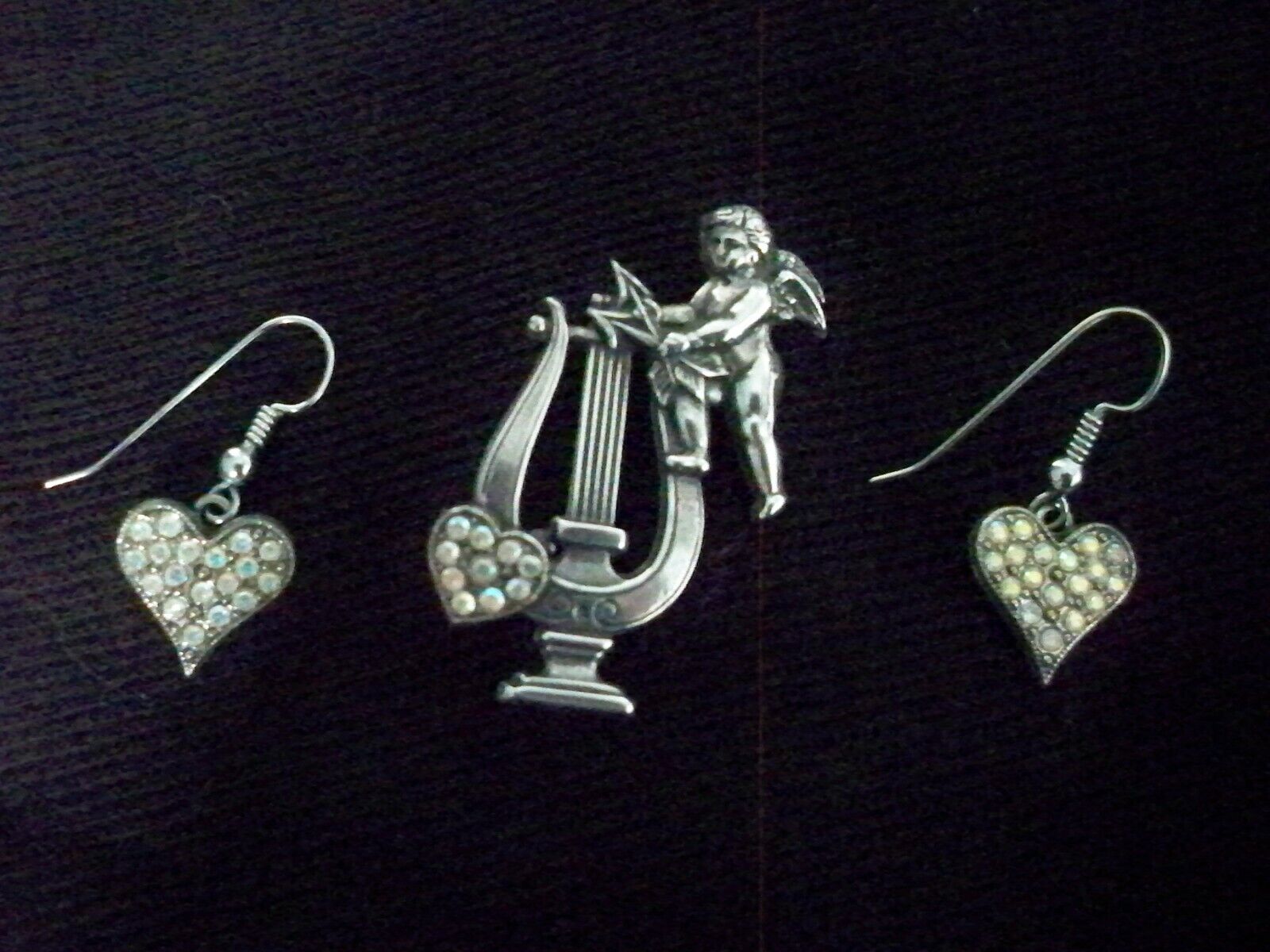 Cupid with Harp Brooch Pin, Matching Iridescent Rhinestone Earrings