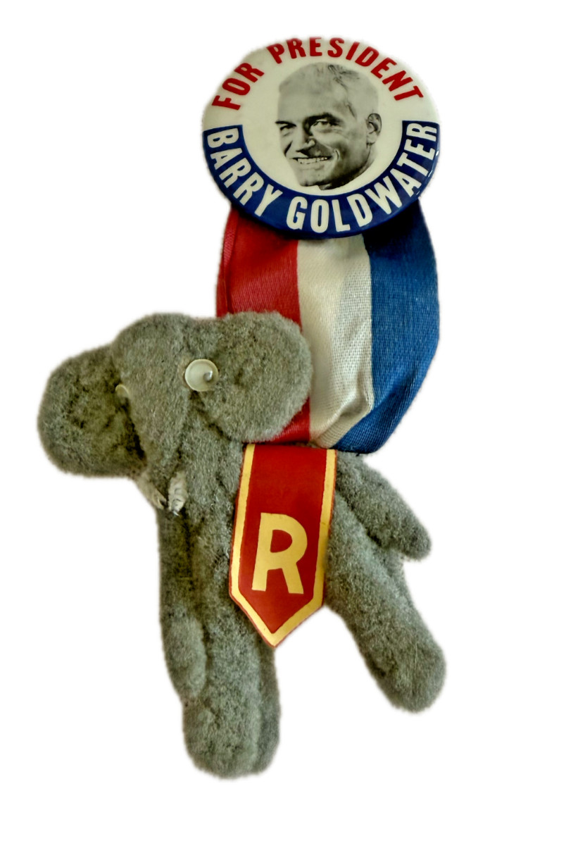 1964 Barry Goldwater Campaign Ribbon Button w Plush Republican Elephant Novelty