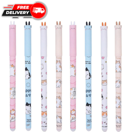 8 Pcs Cute Cat Pens Cartoon Erasable Pens 0.5mm Black Ink Smooth Writing Pen Kaw