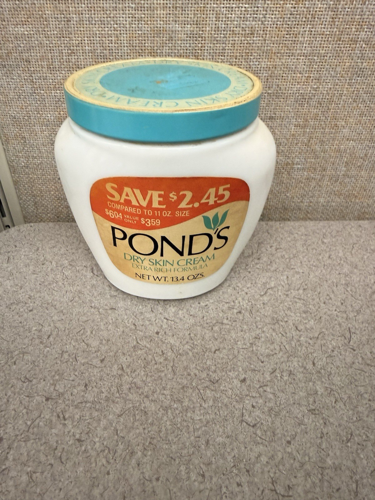 Vintage Pond’s Cold Cream Milk Glass Jar Aqua Lid 13.4oz Full Display