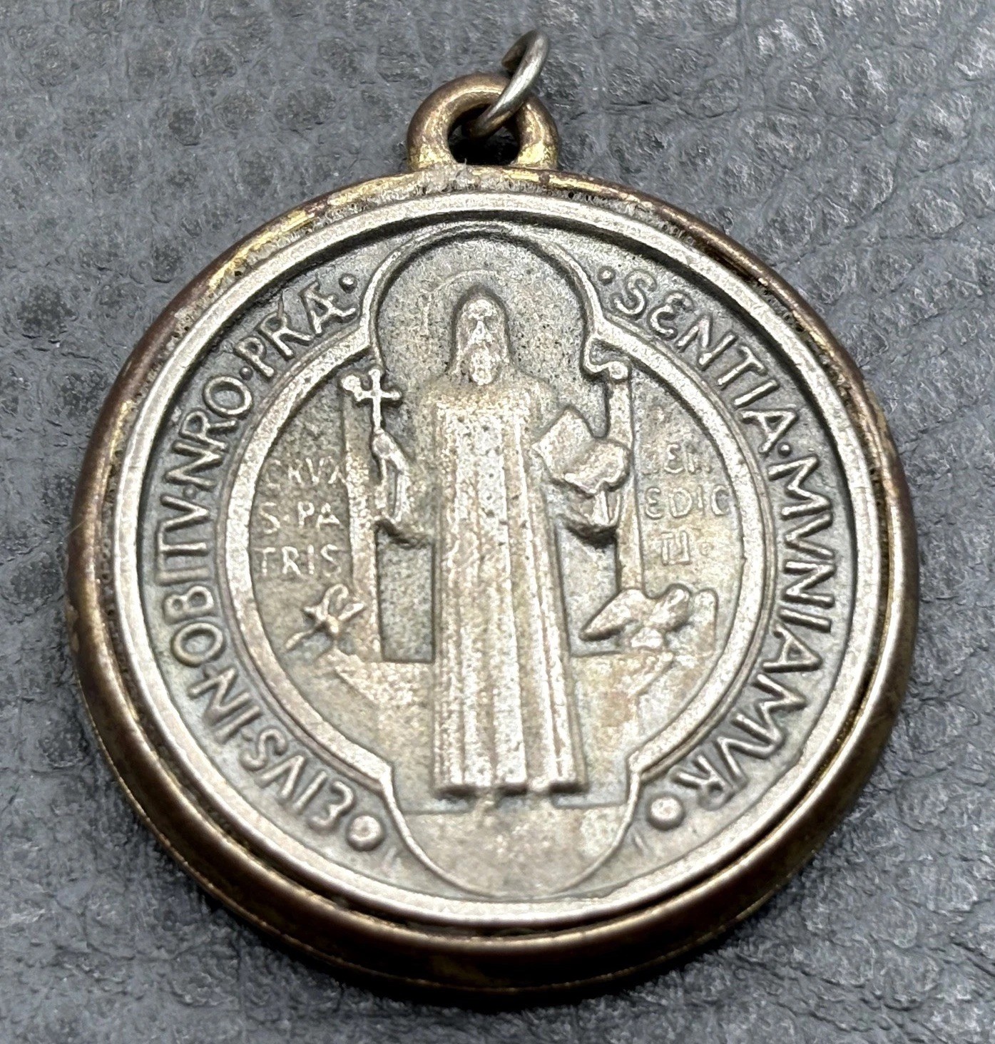 Vintage St. Benedict Medal Pendant Sentia Muniamur Silver Tone Brass Tone