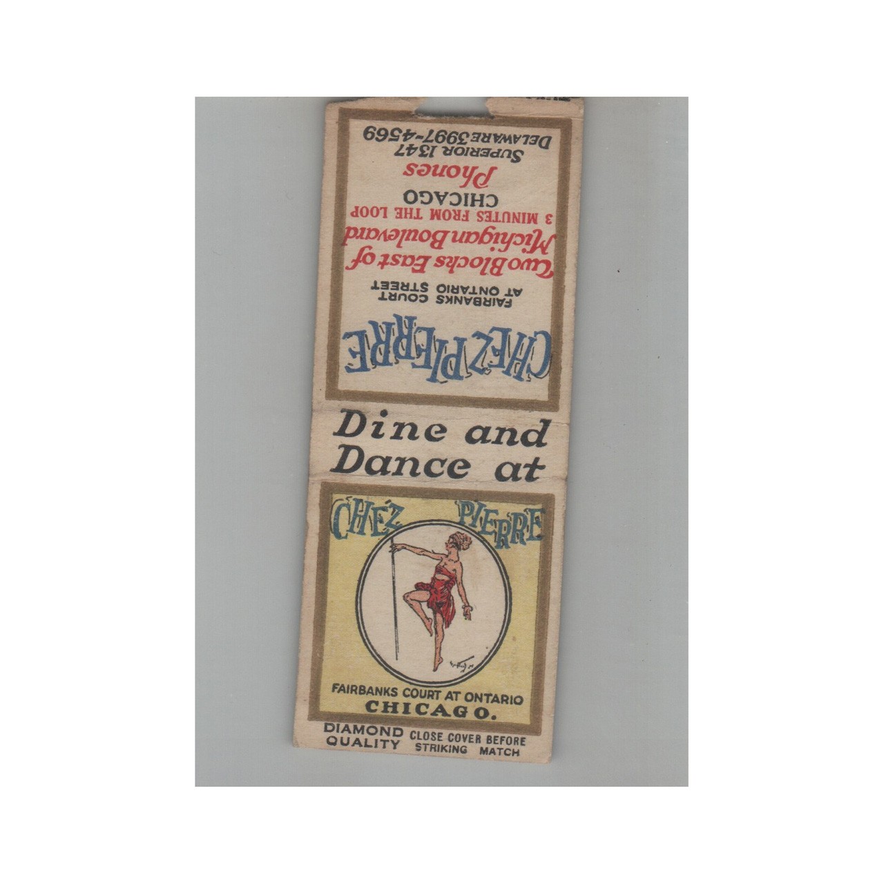 Matchbook Cover 1930s Diamond Quality Dine Dance Chez Pierre Chicago IL No Strik