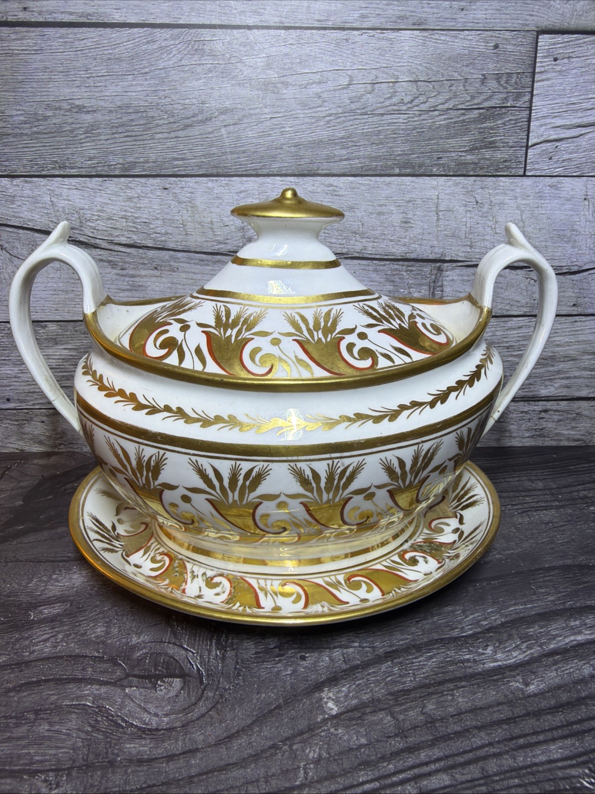 Antique Spode English Porcelain Covered Sugar Bowl Lid Underplate GILDED - AS IS