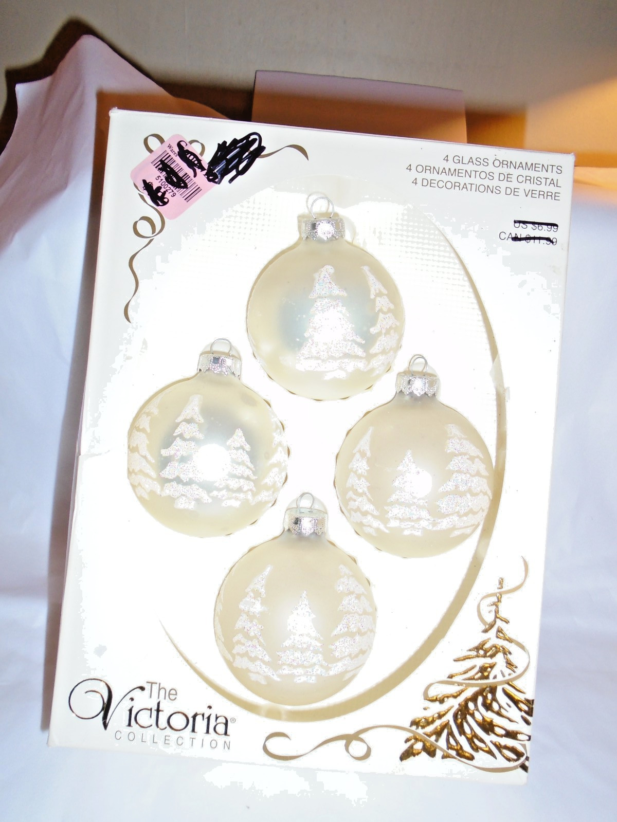 4 VTG 60s 70s RAUCH WHITE CHRISTMAS TREE STENCIL GLASS CHRISTMAS ORNAMENTS G-16