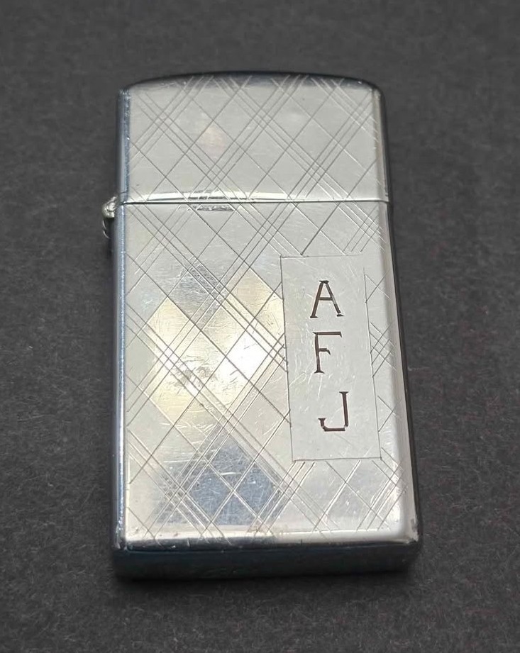 Vintage 1959 Zippo Slim style Monogrammed Lighter - A F J Vintage 1959 Zippo Slim style Monogrammed Lighter - A F J