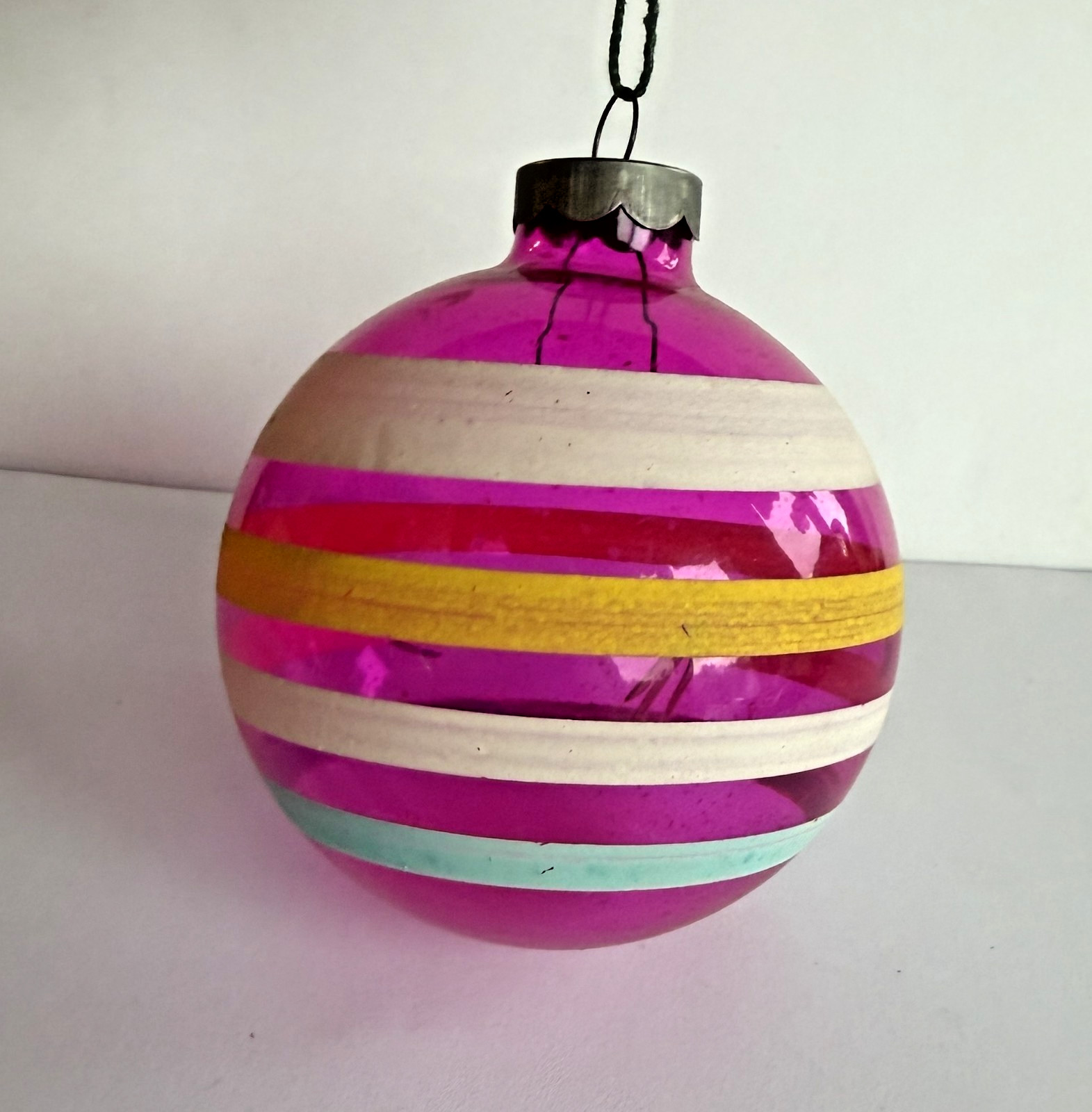 VTG Jumbo Unsilvered Shiny Brite Christmas Ornament Hot Pink Multicolor Stripes