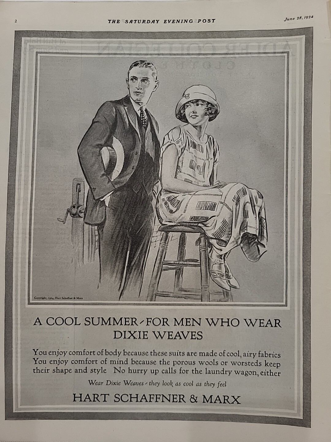 1924 Hart Schaffner & Marx Clothing  S. E. Post Print Ad Dixie Weaves