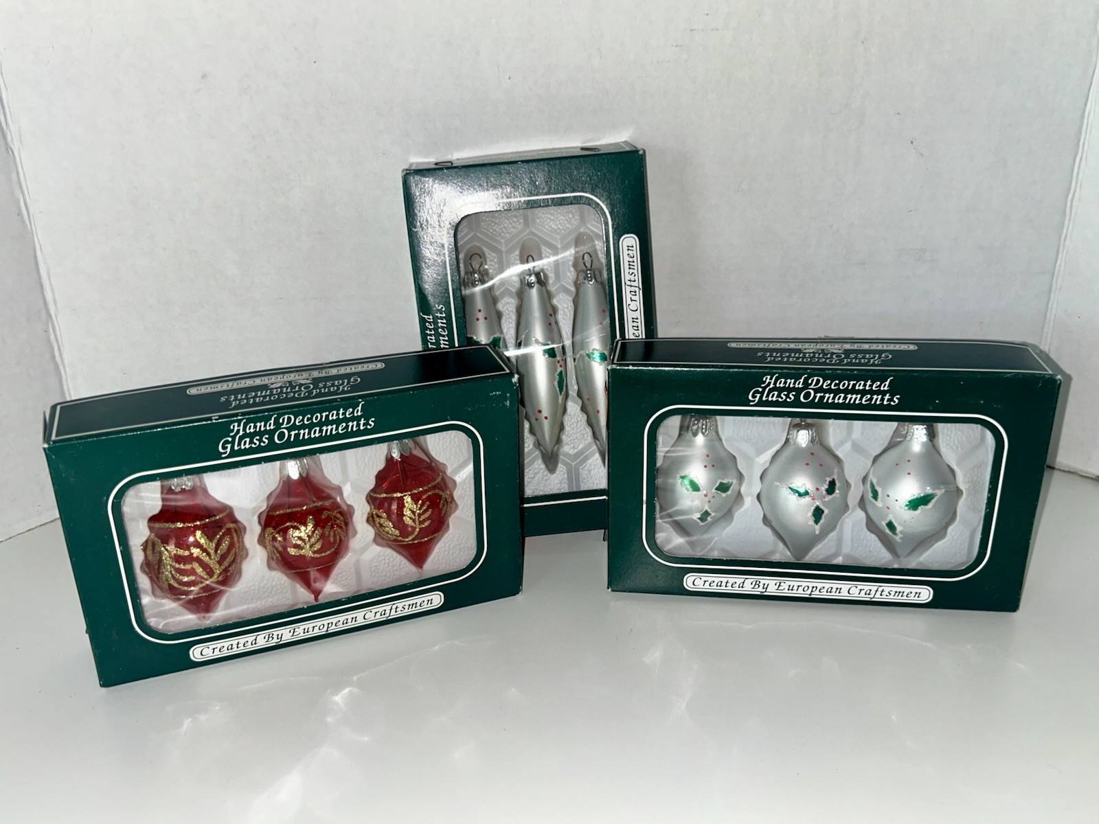 VTG 1990s Romania Glass Christmas Ornaments 9 Pc 3 Boxes Hand Decorated Finials