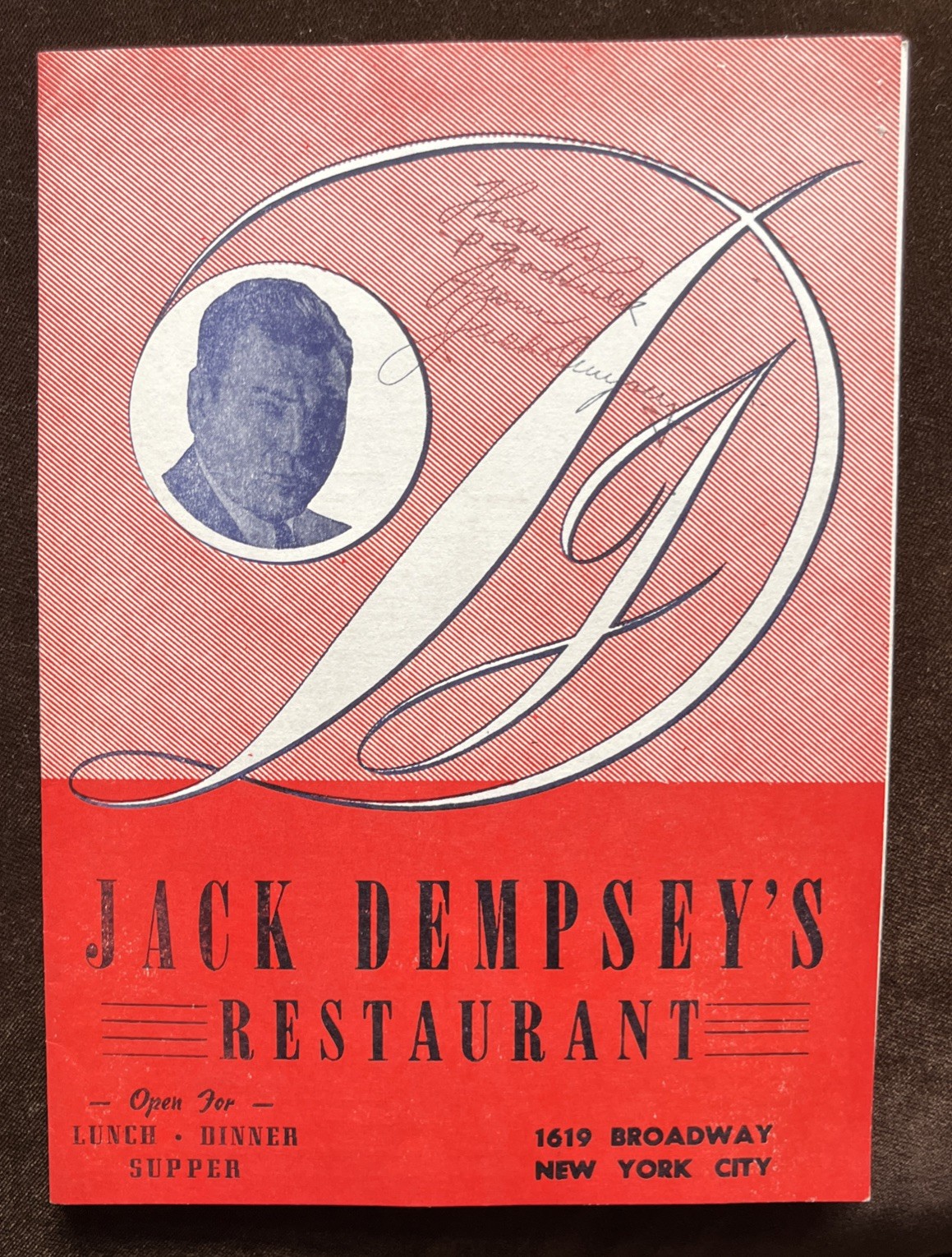 Vintage JACK DEMPSEY\'S Restaurant Menu, New York SIGNED Auto 1619 Broadway