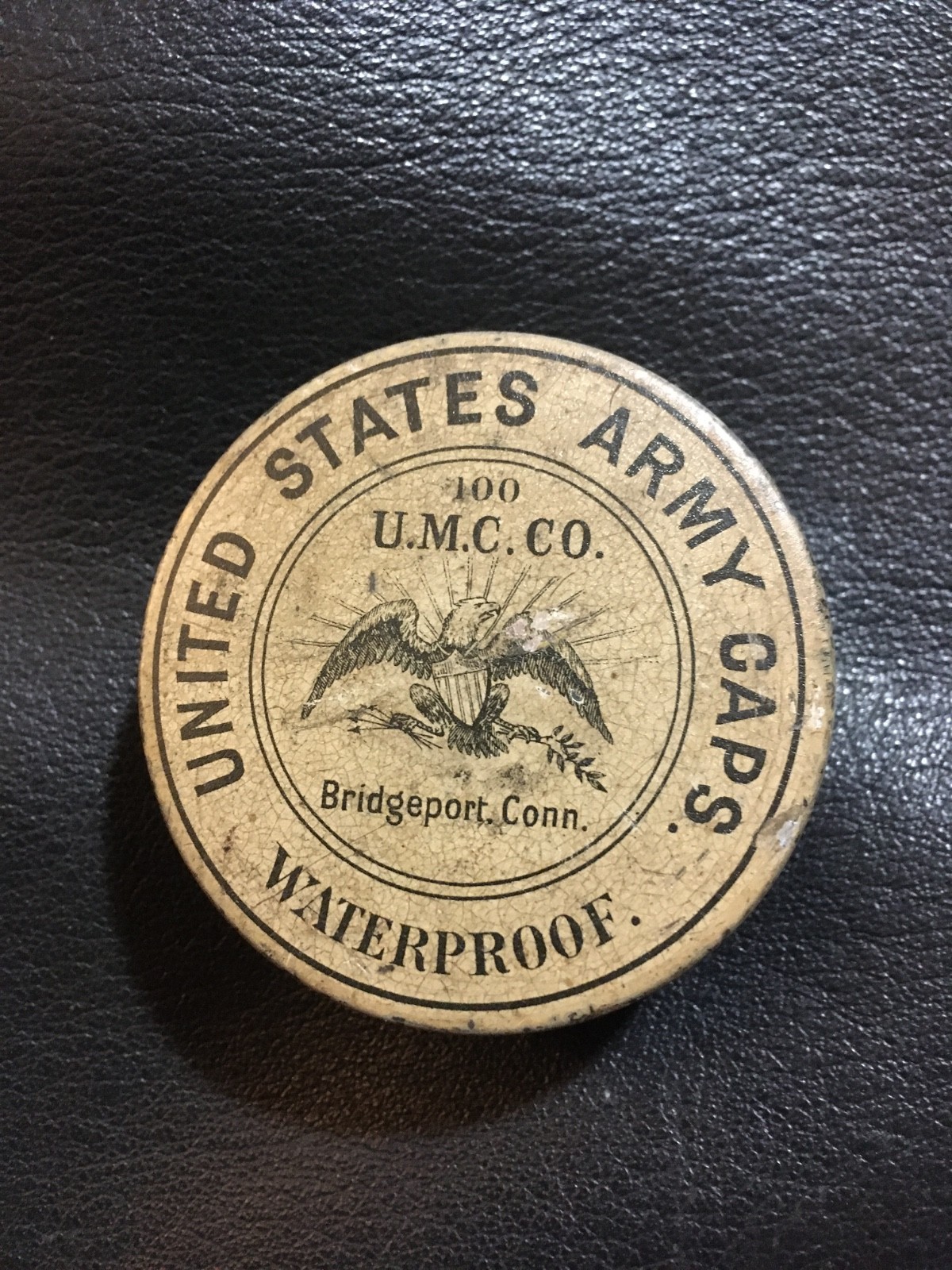 Original 1800s Advertising Tin for United States Army Caps with Eagle U.M.C. Co