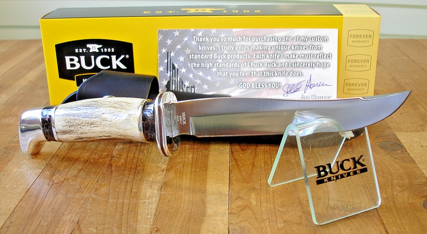 SUPERB JOE HOUSER CUSTOM BUCK KNIFE 105 PATHFINDER ELK ANTLER HANDLE 420HC USA
