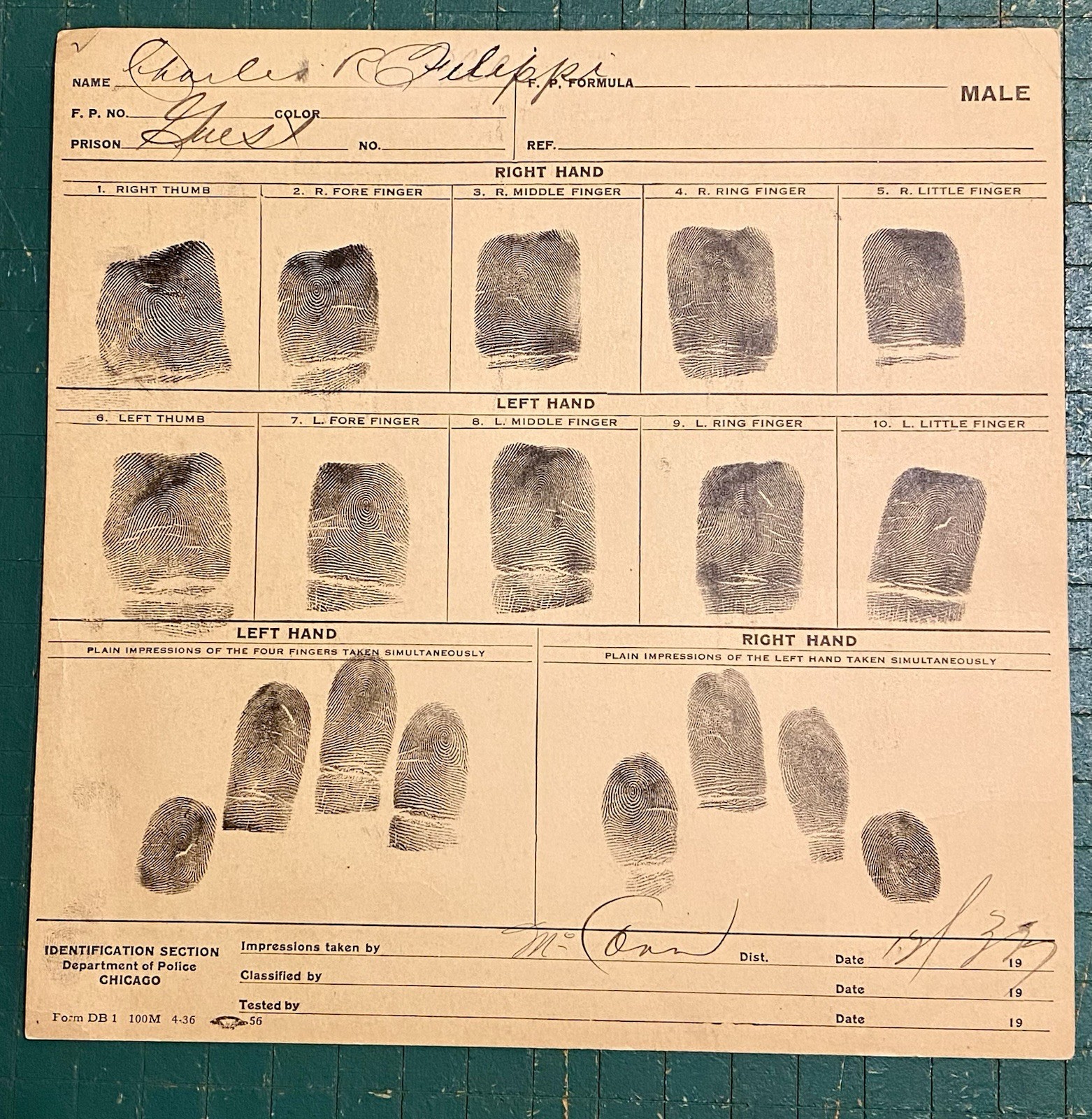 Vtg 1930s Chicago Police Department Fingerprint Card True Crime Gangster Era