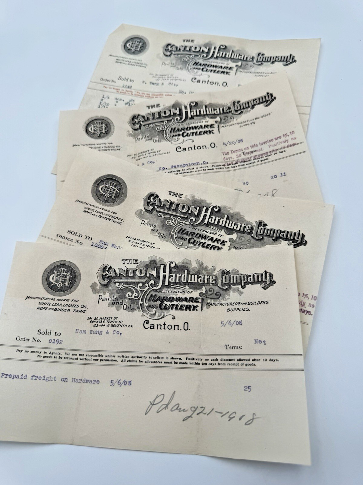 (4) Antique Handwritten Invoice The Canton Hardware Co. Canton Ohio 1902-1911