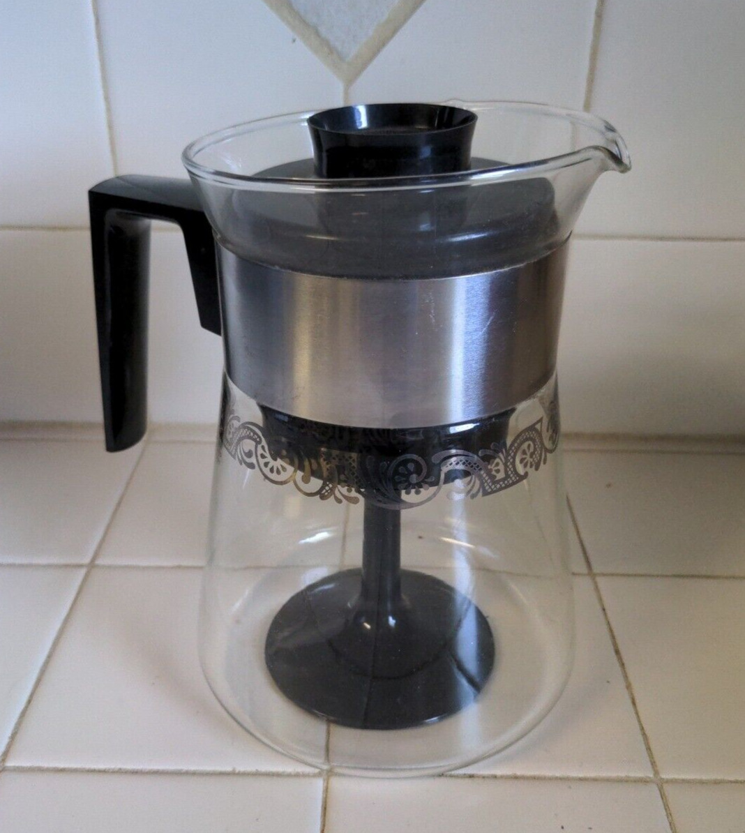 VTG Pyrex Glass Coffee Pot Black Plastic Stem Percolator with basket