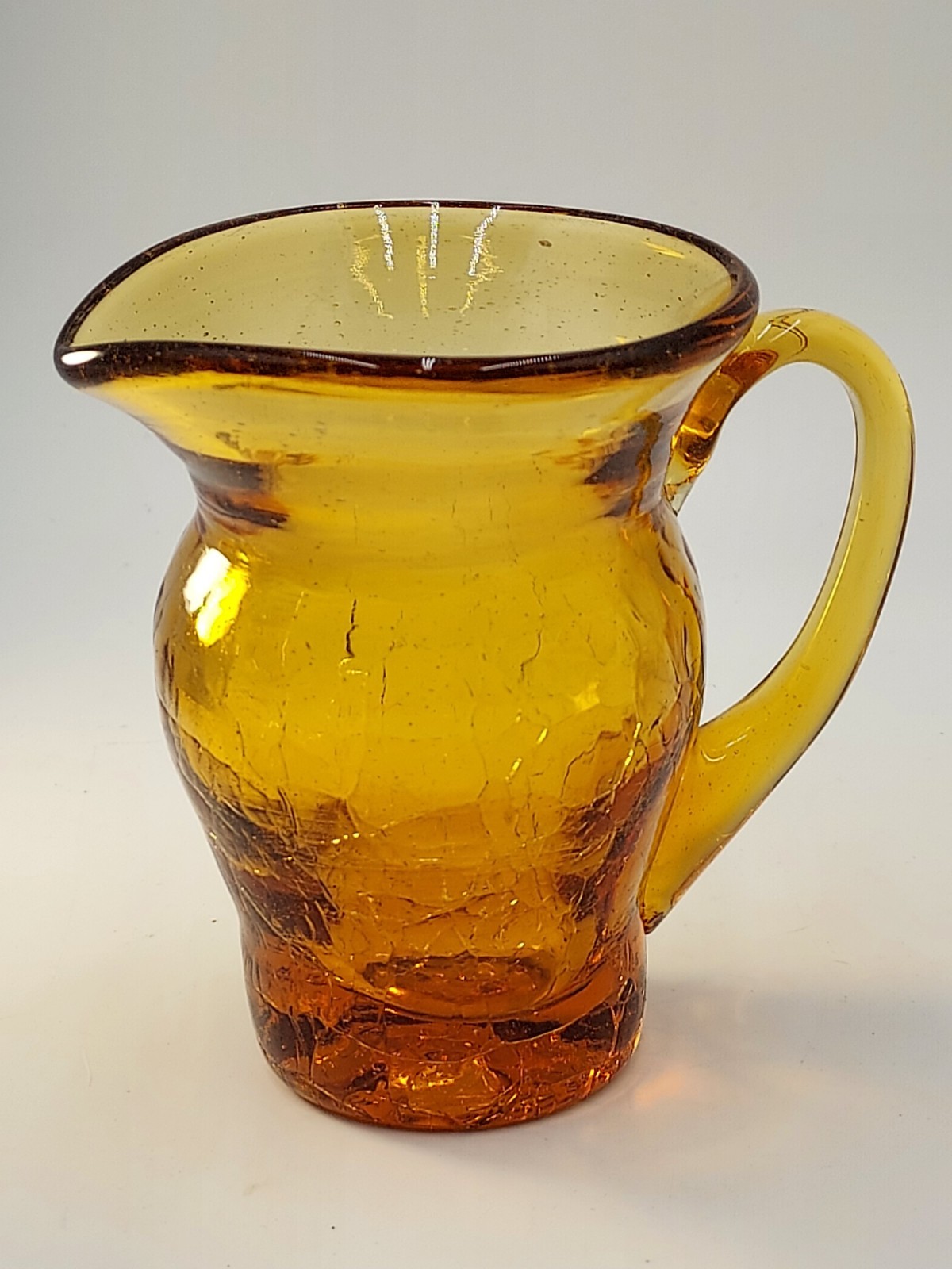 Vintage Pilgrim Hand Blown Amber Crackle Glass Mini Pitcher Creamer 3.5”