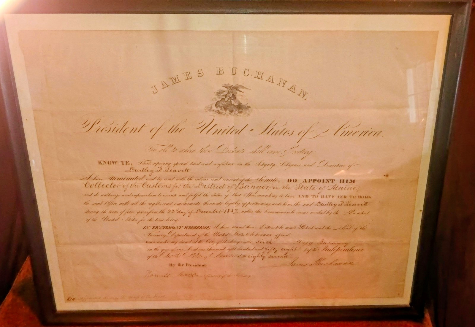 President James Buchanan Appointment Certif Dec 22nd. 1857 Signed The President