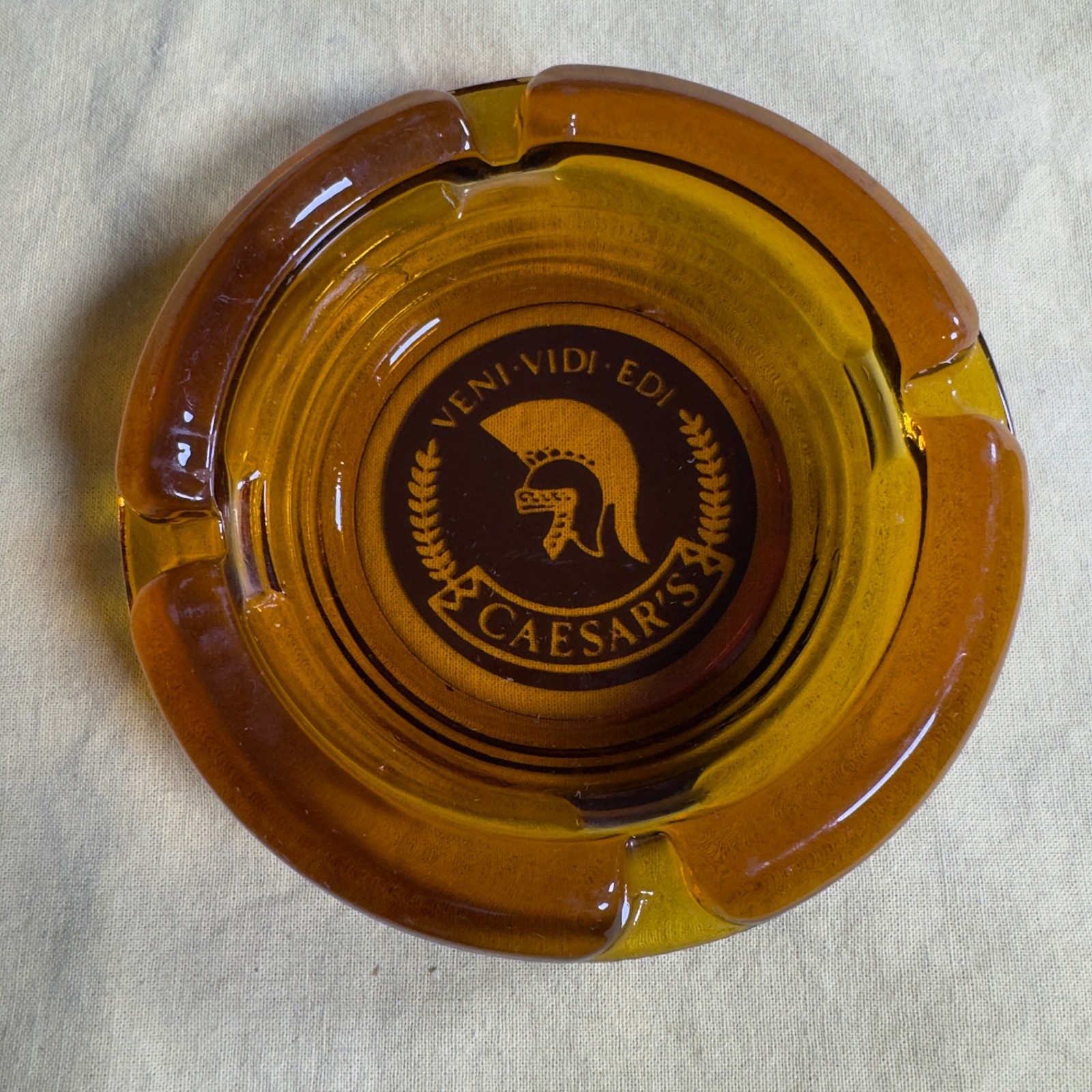 Vintage Caesars Palace Amber Glass Ashtray Veni Vidi Edi Las Vegas Casino Decor