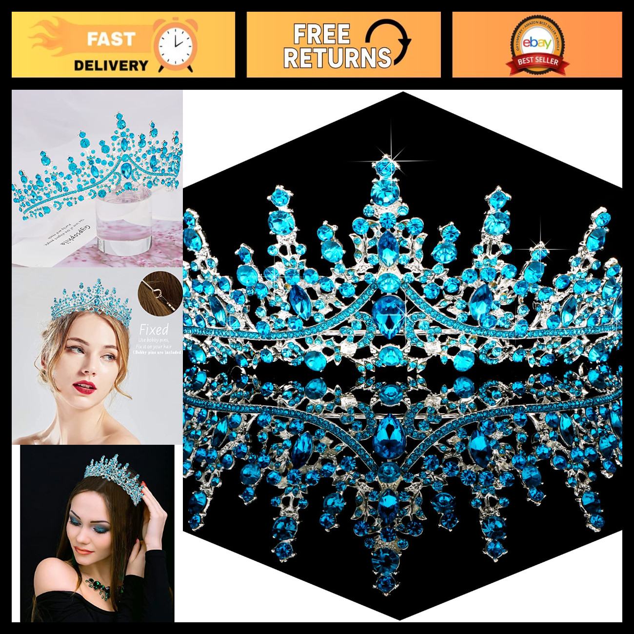 Sky Blue Tiara Crowns Royal Queen Crown Crystal Wedding Tiaras for Women Princes