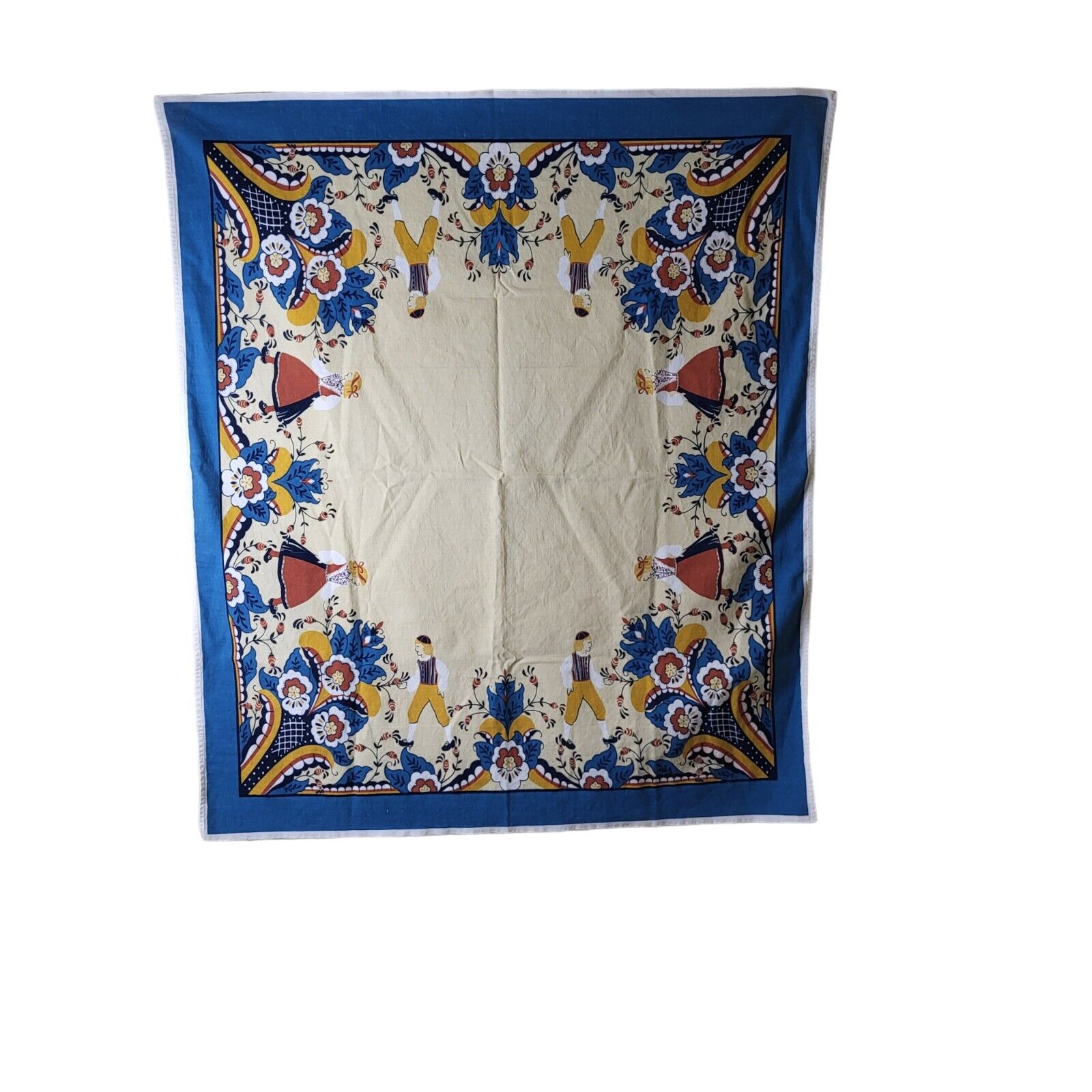 Vtg Norwegian Norway Tablecloth Blue /Cream Folk Print Rosemaling Floral 33