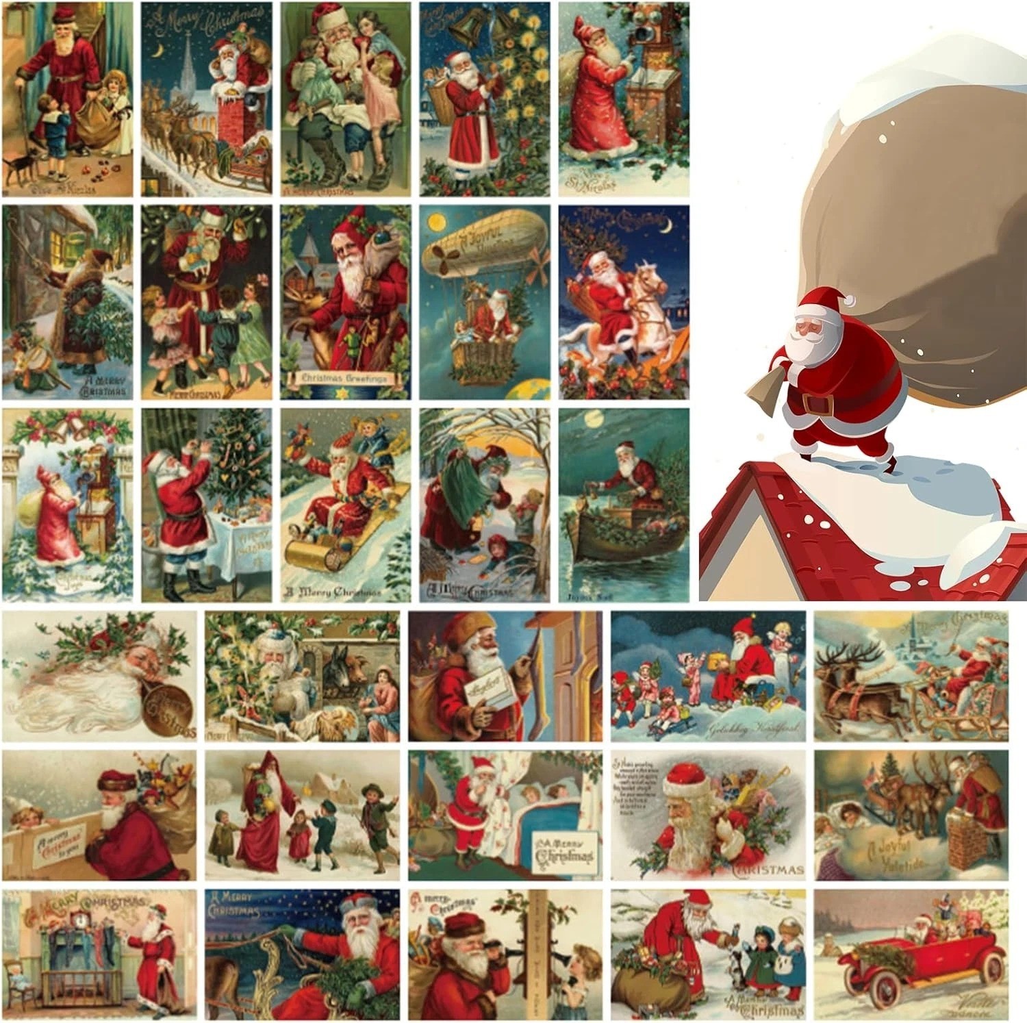 30Pcs Vintage Christmas Greeting Cards, Santa and Christmas Reprint Antique Post 30Pcs Vintage Christmas Greeting Cards, Santa and Christmas Reprint Antique Post