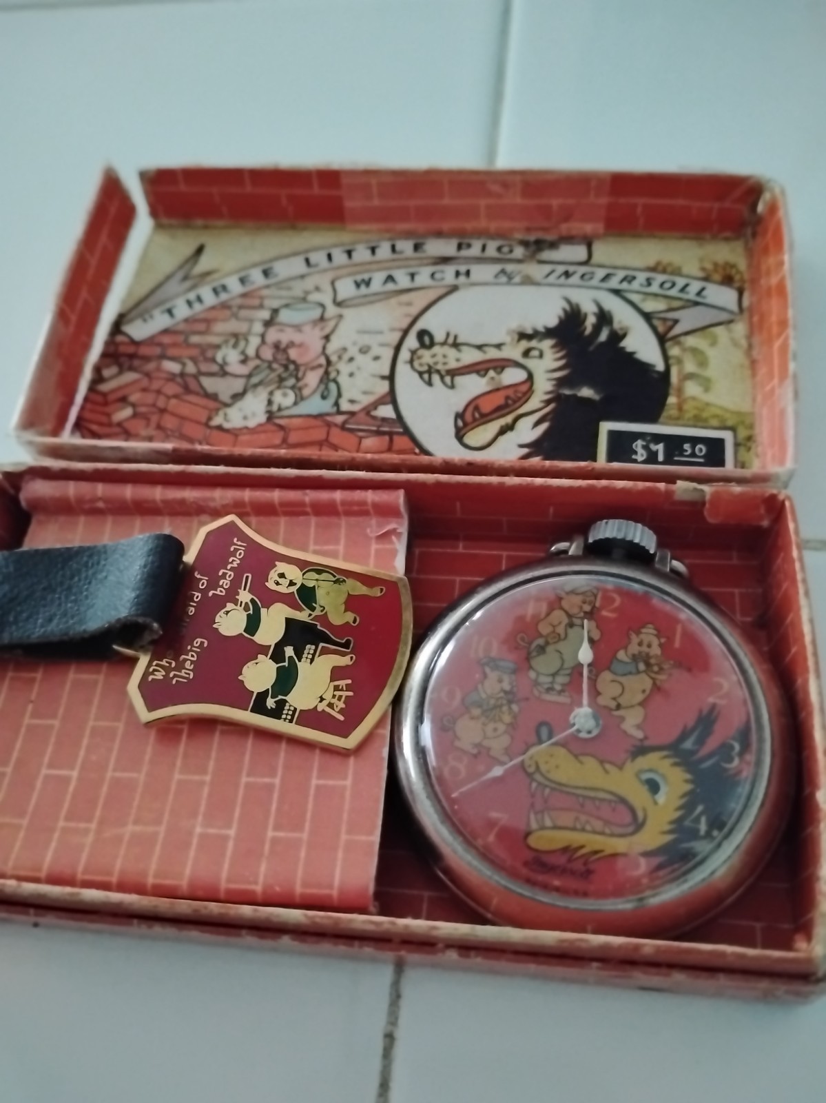 Three Little Pigs Pocket Watch with Watch and Fob and Box As-Is Nr Used