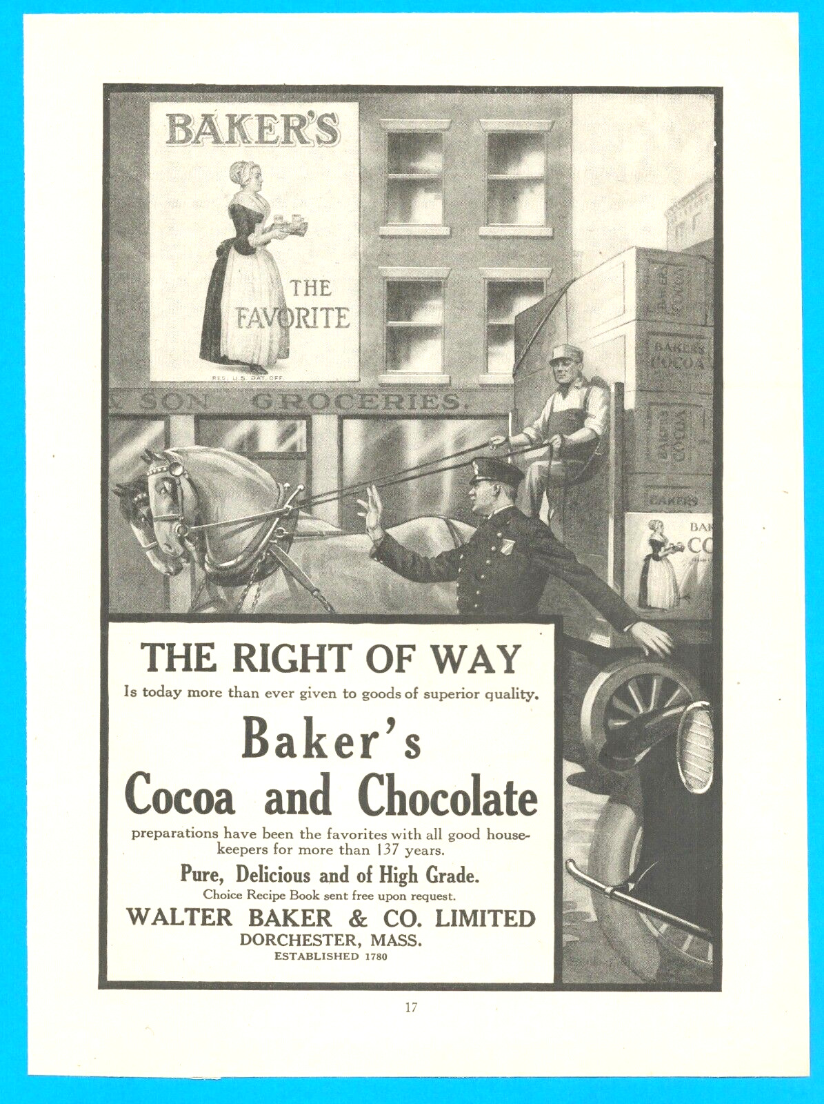 1918 BAKER\'s COCOA and CHOCOLATE candy grocer\'s PRINT AD Walter Baker DORCHESTER