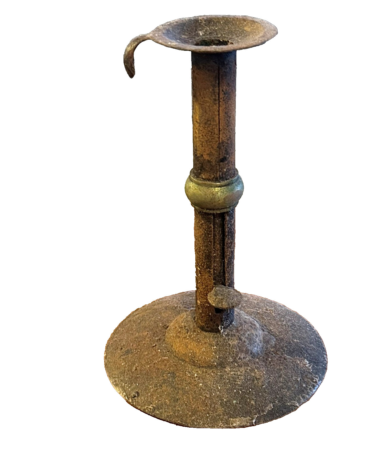 Antique Hogscraper Candlestick w/ Brass Wedding Band Push‑Up Early 1800s Tin