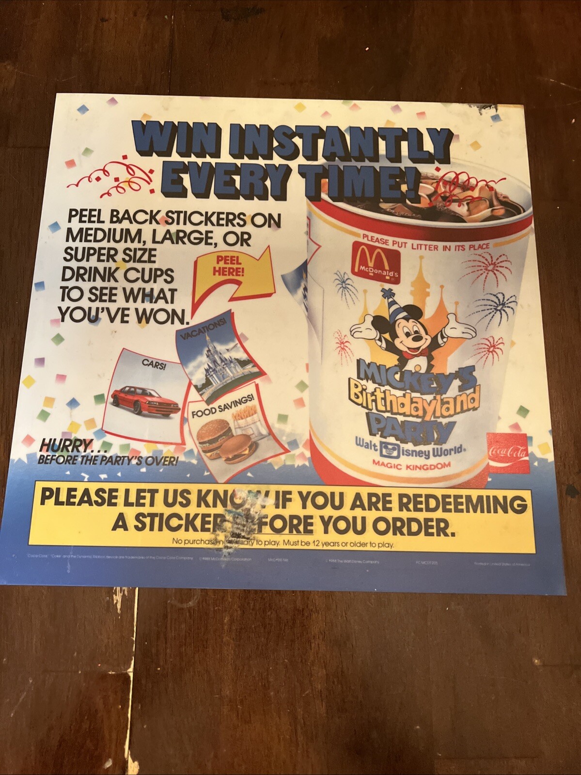 1988 MCDONALD\'S WALT DISNEY WORLD MICKEYS BIRTHDAYLAND HAPPY MEAL TRANSLITE SIGN