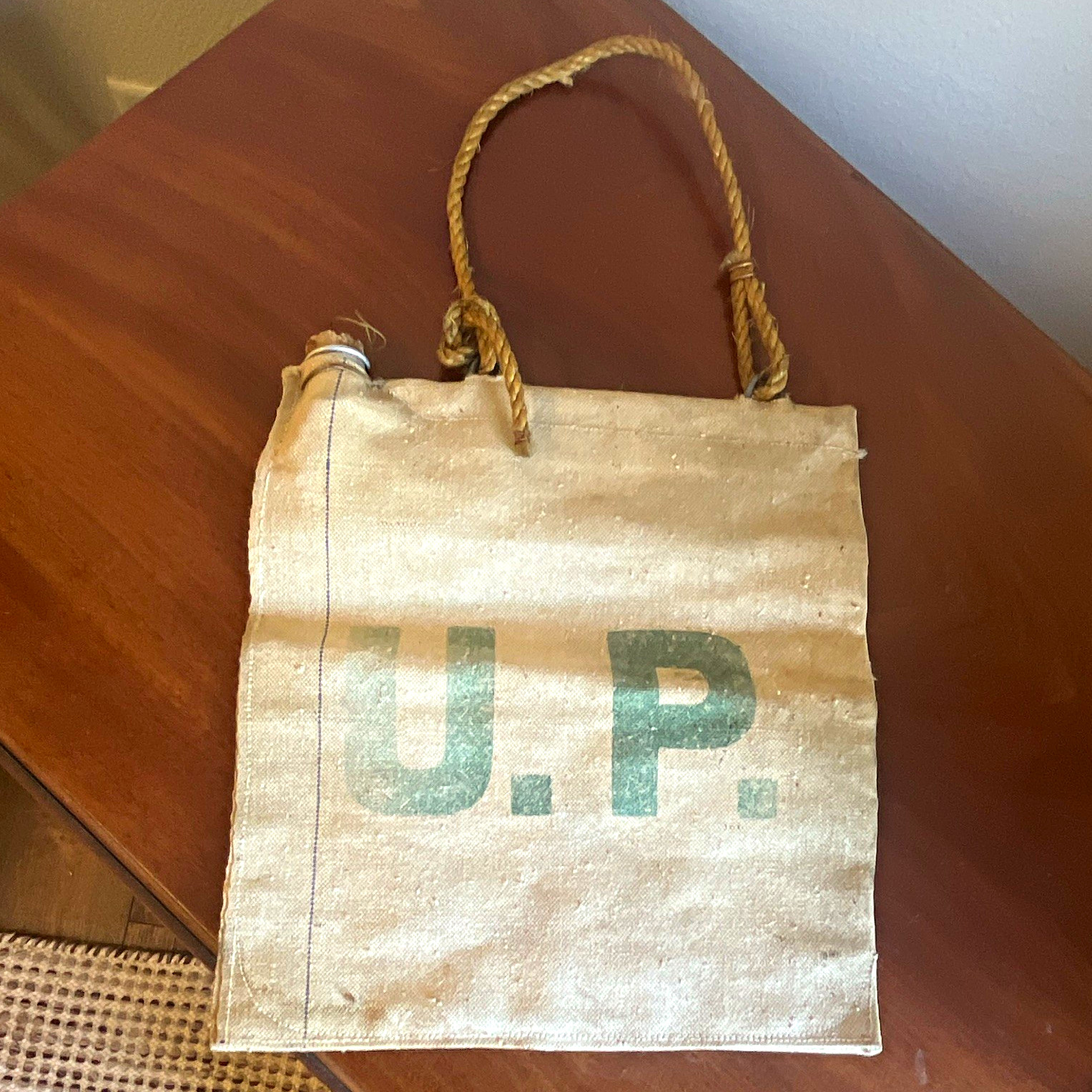 Union Pacific U.P. Vintage Canvas Rope Handle Bag Marked U.P. Water Bag